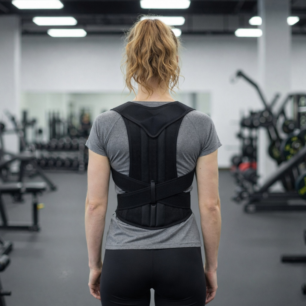 Vista trasera de una mujer con corrector de postura negro en un gimnasio.