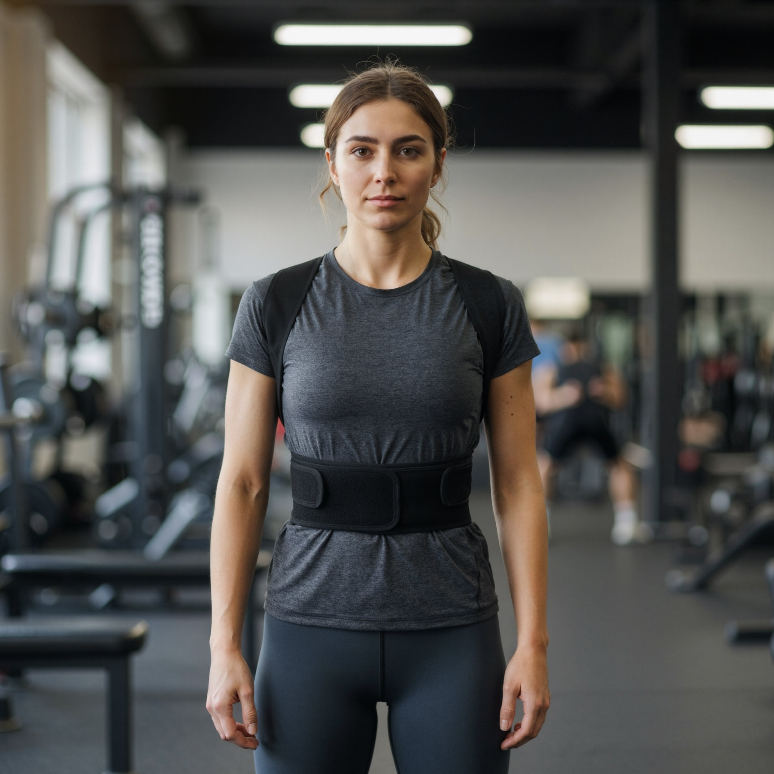 Una mujer con un corrector de postura está en un gimnasio.