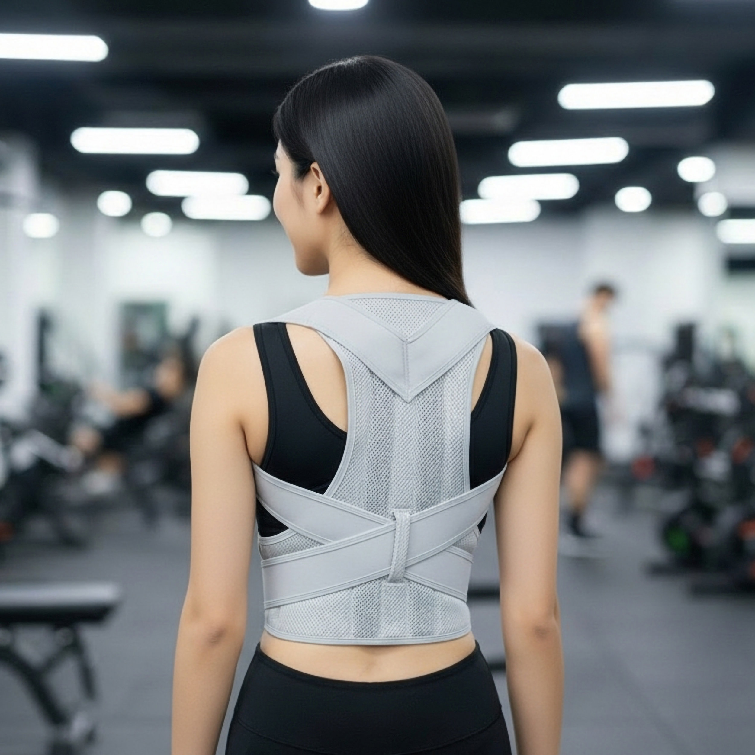 Una mujer usa un corrector de postura gris en un gimnasio.