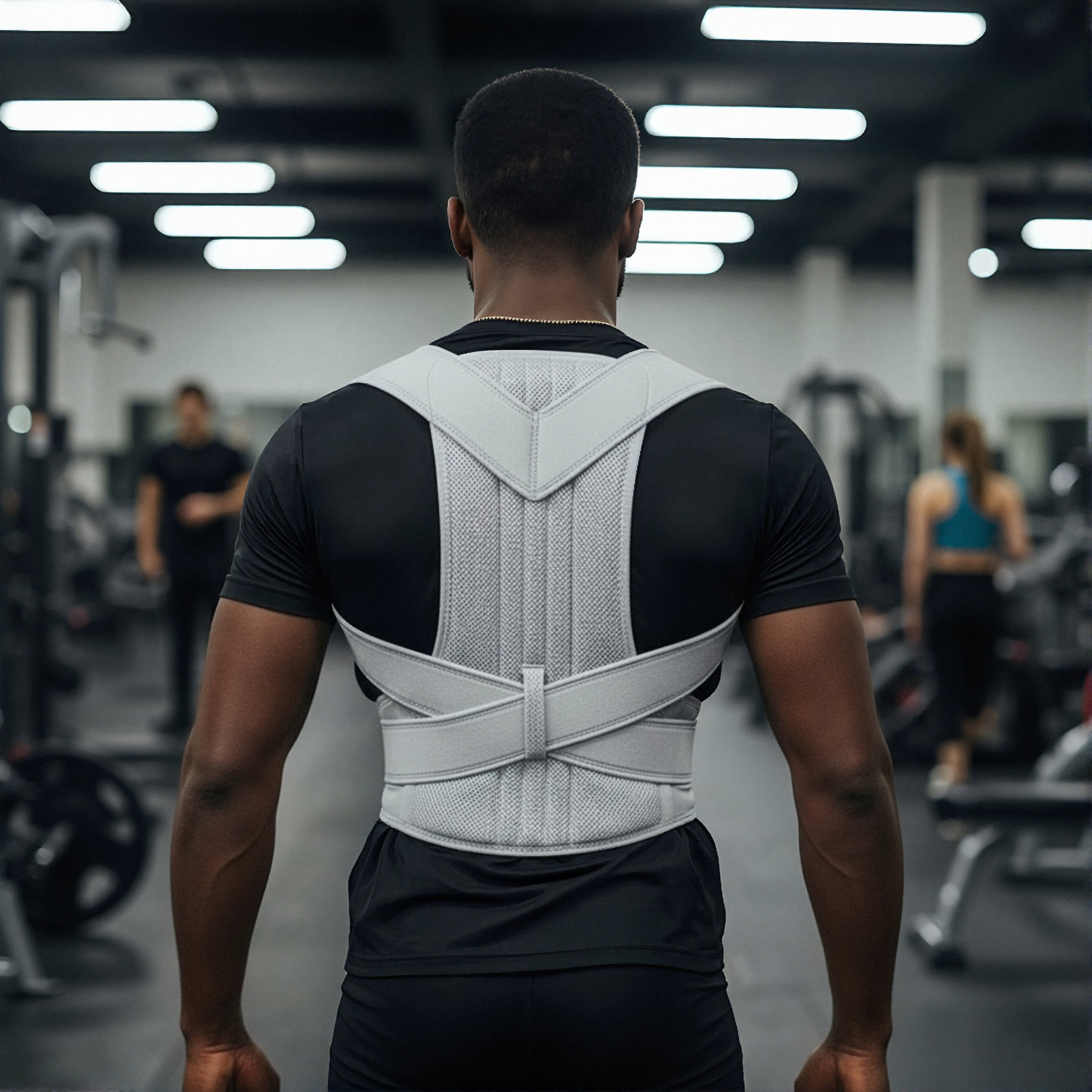 Hombre con corrector de postura en gimnasio, vista trasera. Otros entrenan.