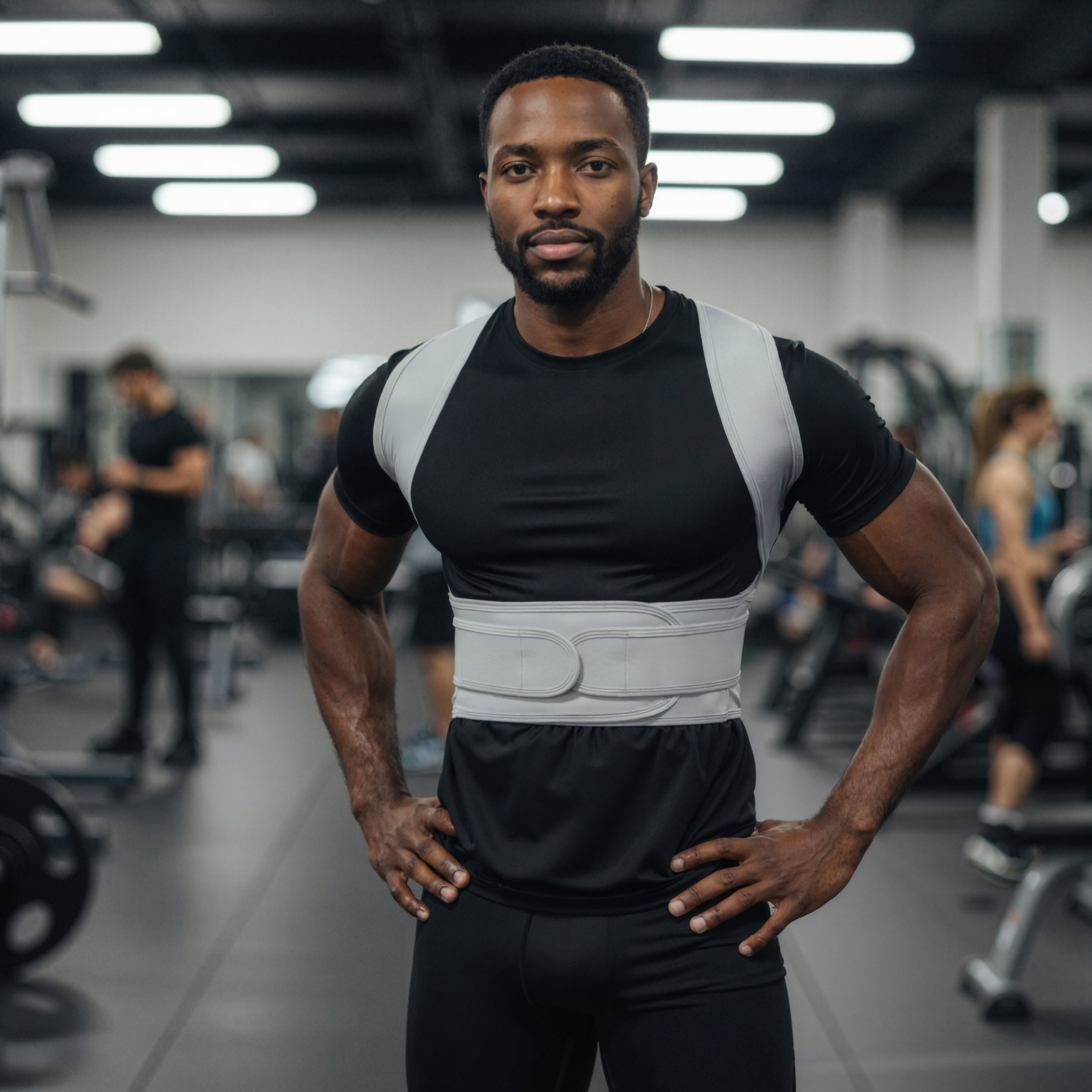 Un hombre en un gimnasio viste una camiseta negra y un corrector de postura.