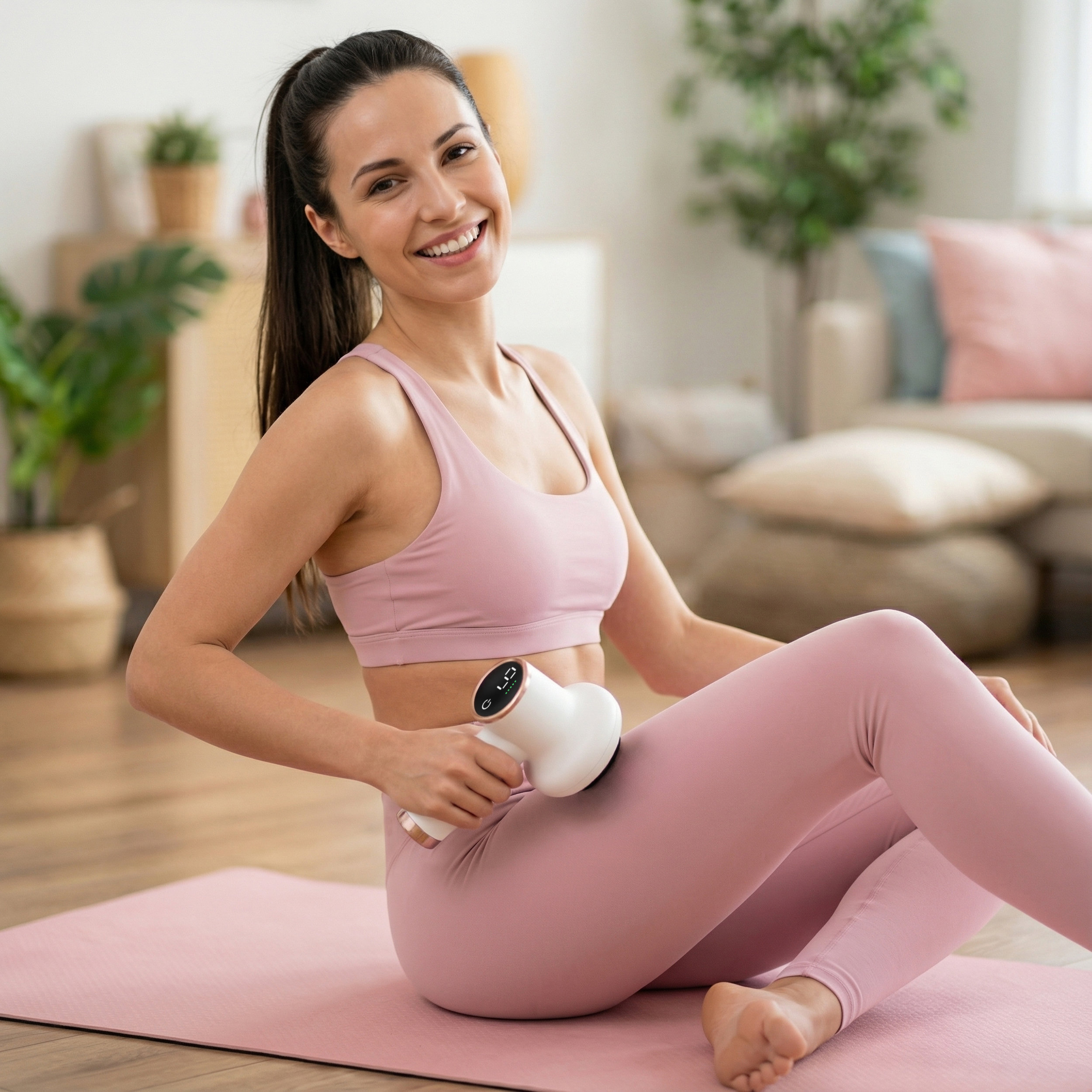 Mujer con ropa deportiva rosa usa masajeador en pierna, sentada en esterilla.