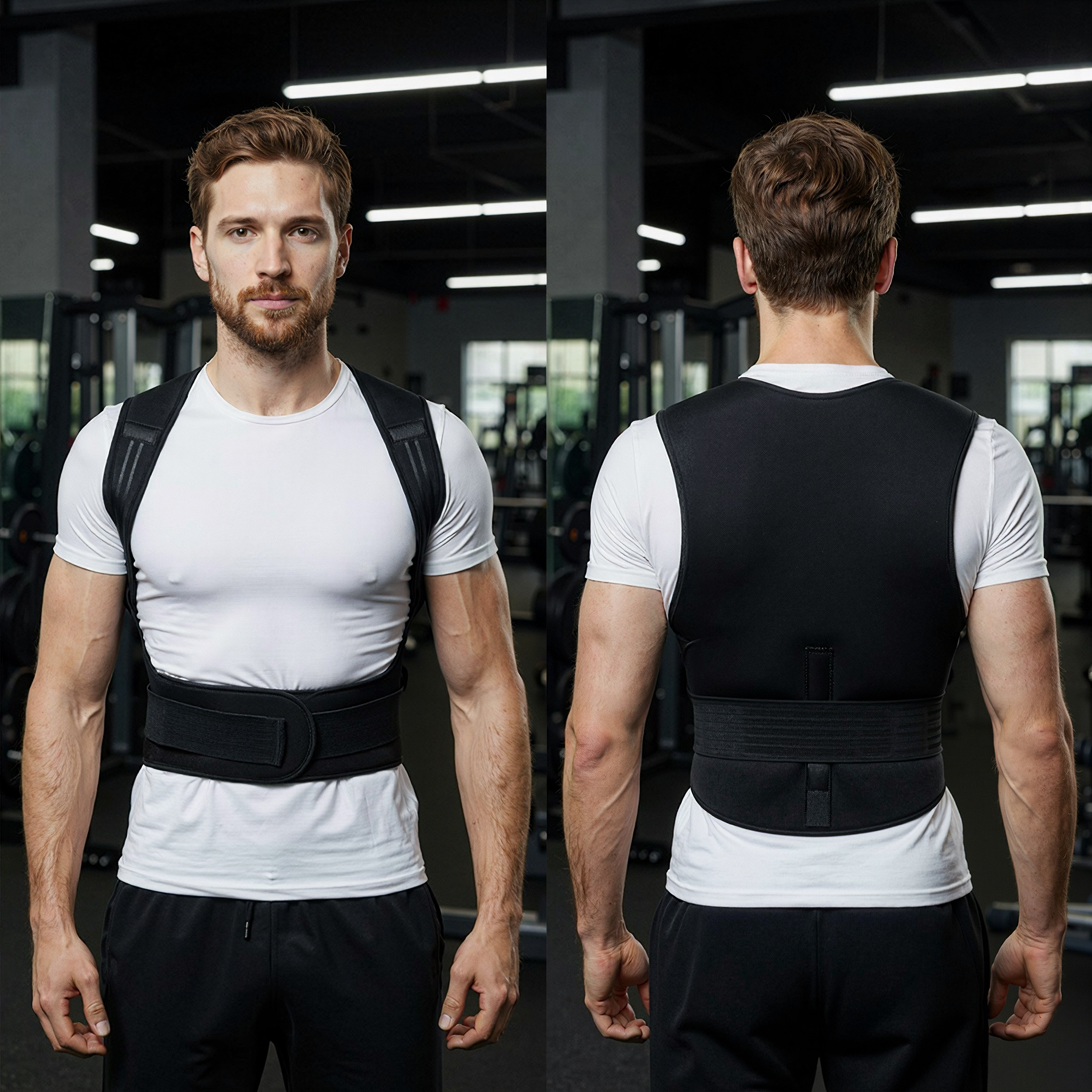 Hombre en un gimnasio con camiseta blanca y corrector de postura. Vista frontal y trasera.