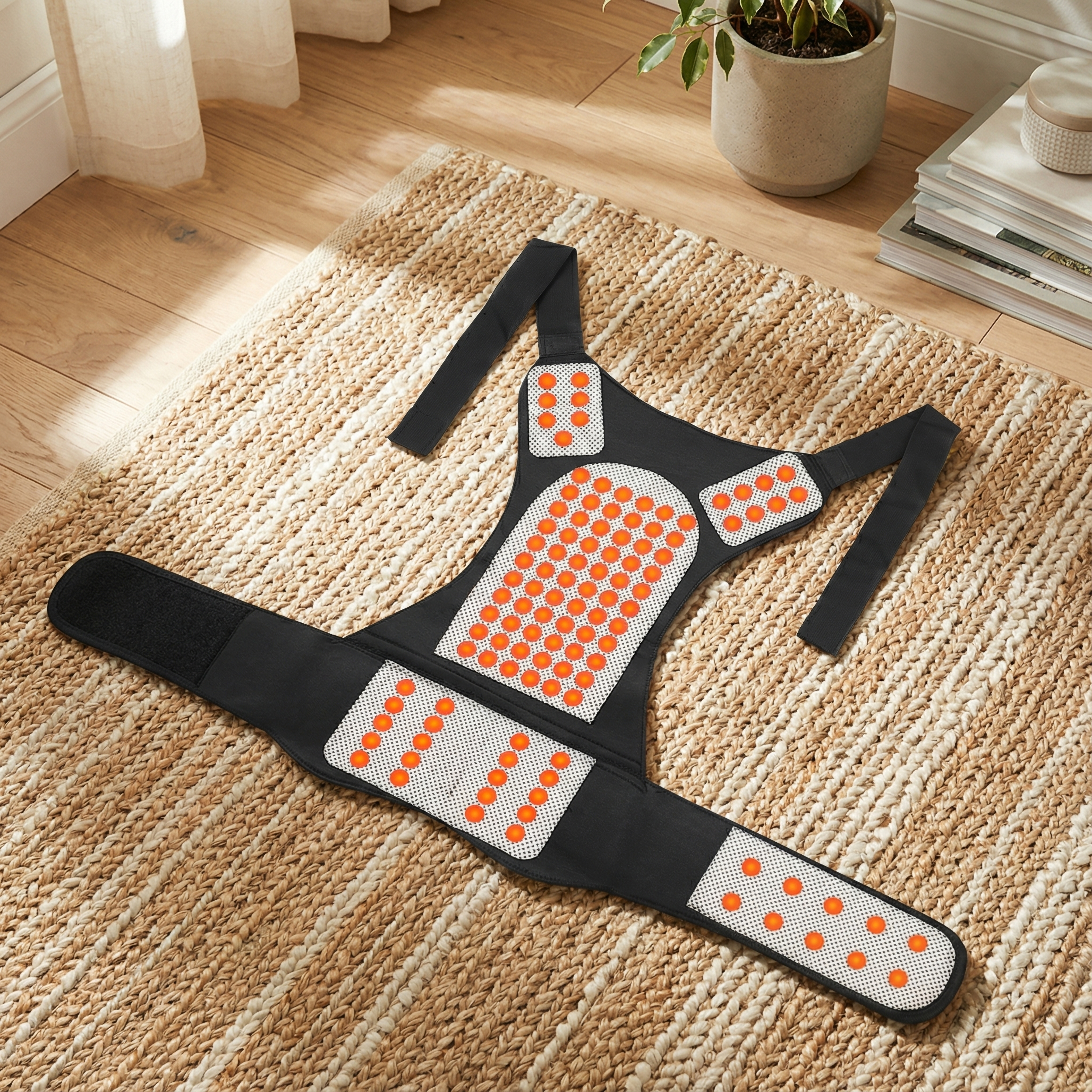 Cinturón negro con puntos de acupresión naranjas sobre una alfombra.