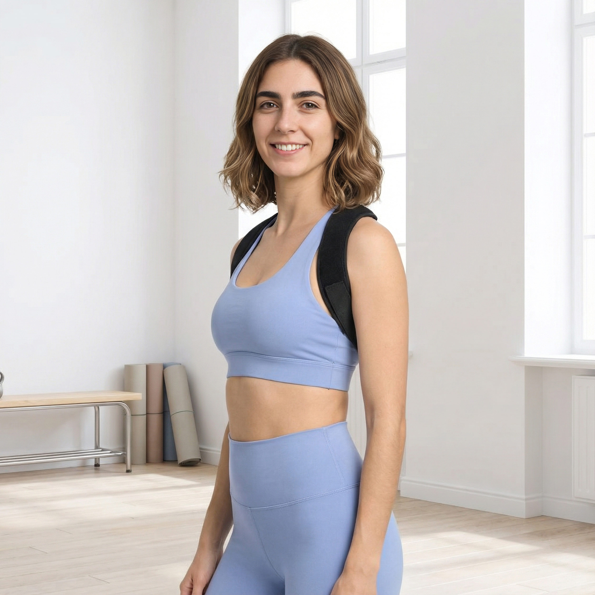 Mujer con sujetador deportivo y leggings azules lleva corrector de postura.