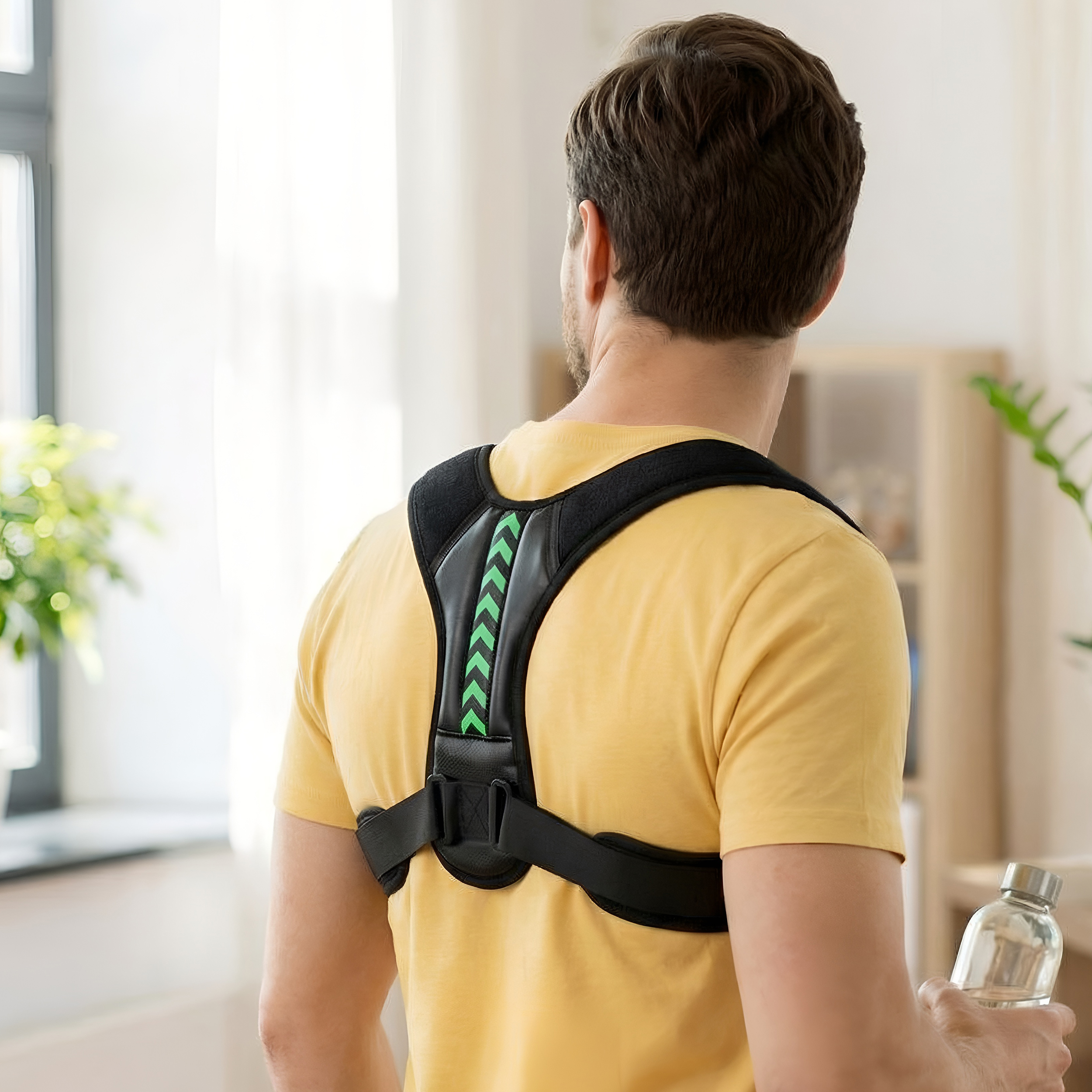 Hombre con corrector de postura y camisa amarilla sostiene botella de agua.