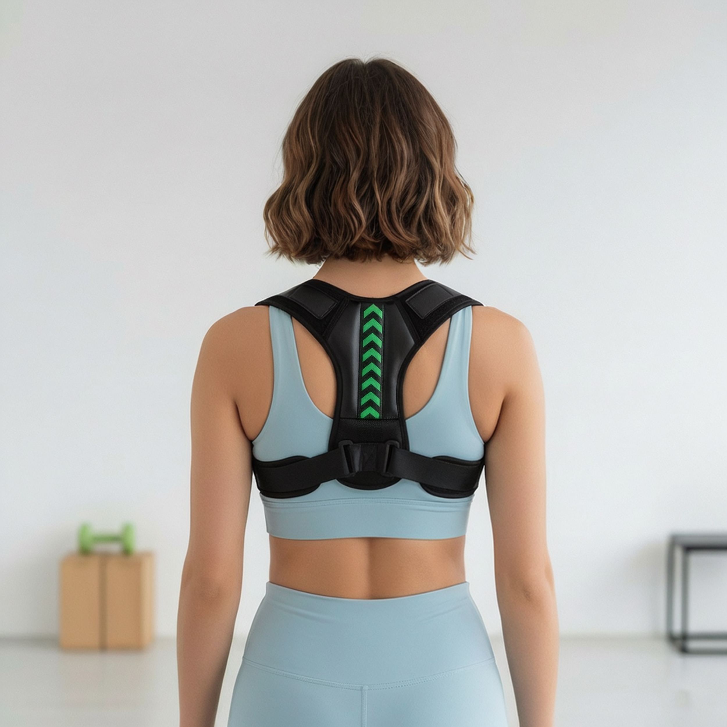 Mujer con corrector de postura en un gimnasio, vista trasera.