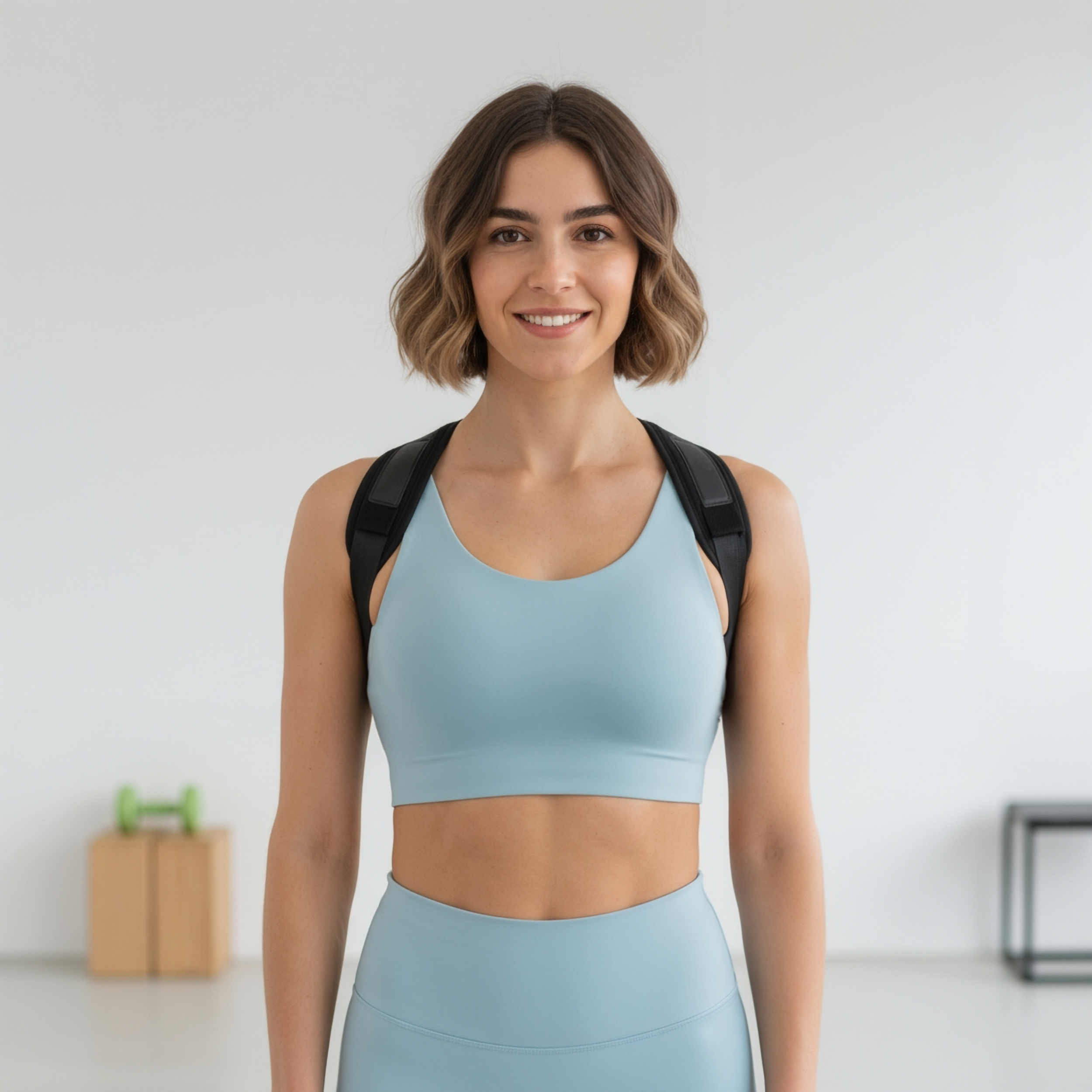 Mujer con corrector de postura y ropa deportiva sonríe.
