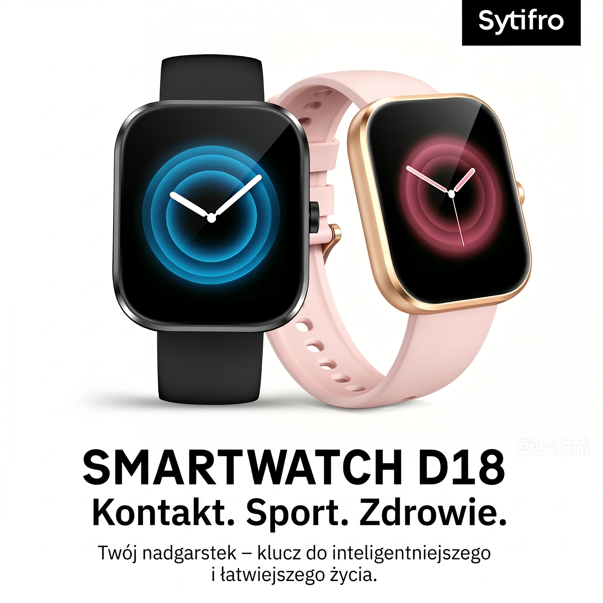 Dwa smartwatche: czarny z niebieskim wyświetlaczem, złoty z różową opaską.