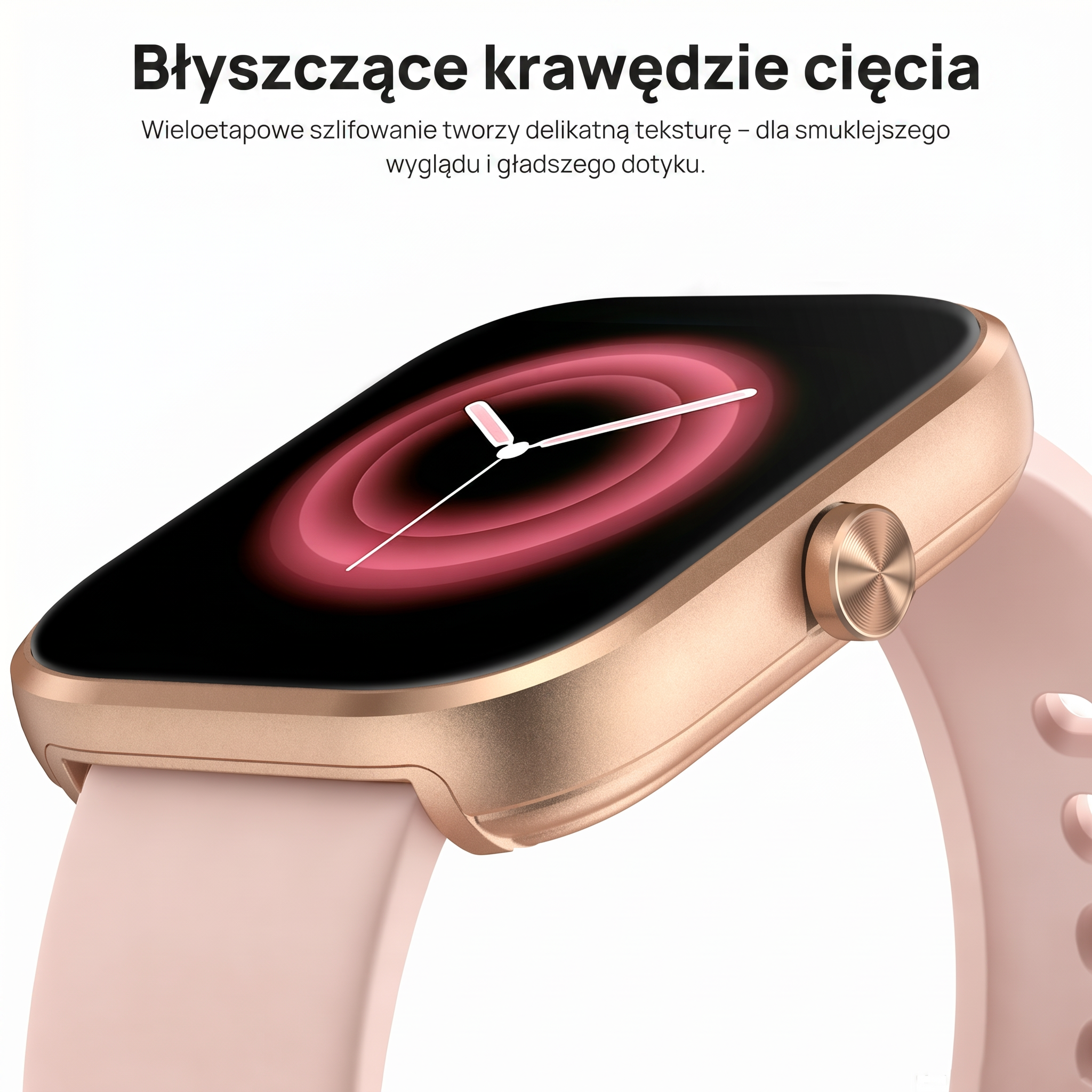 Zegarek smartwatch w kolorze różowego złota z różową bransoletą i czerwonym cyferblatem.