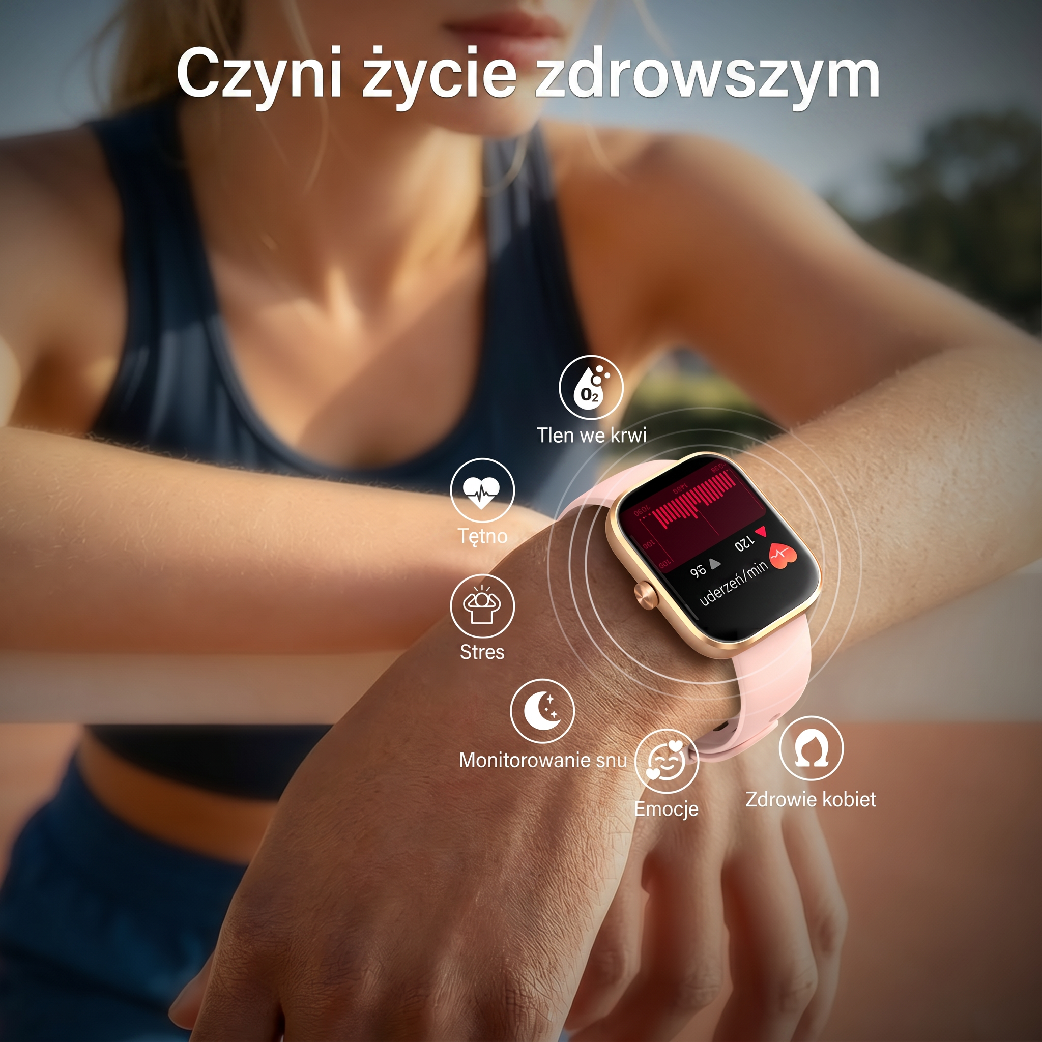 Osoba nosi smartwatch wyświetlający tętno, tlen, stres, sen, emocje i zdrowie kobiet.