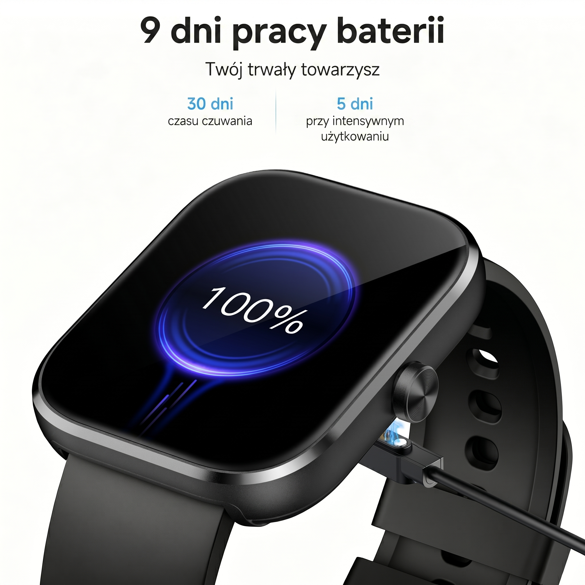 Czarny smartwatch pokazujący 100% baterii jest ładowany.
