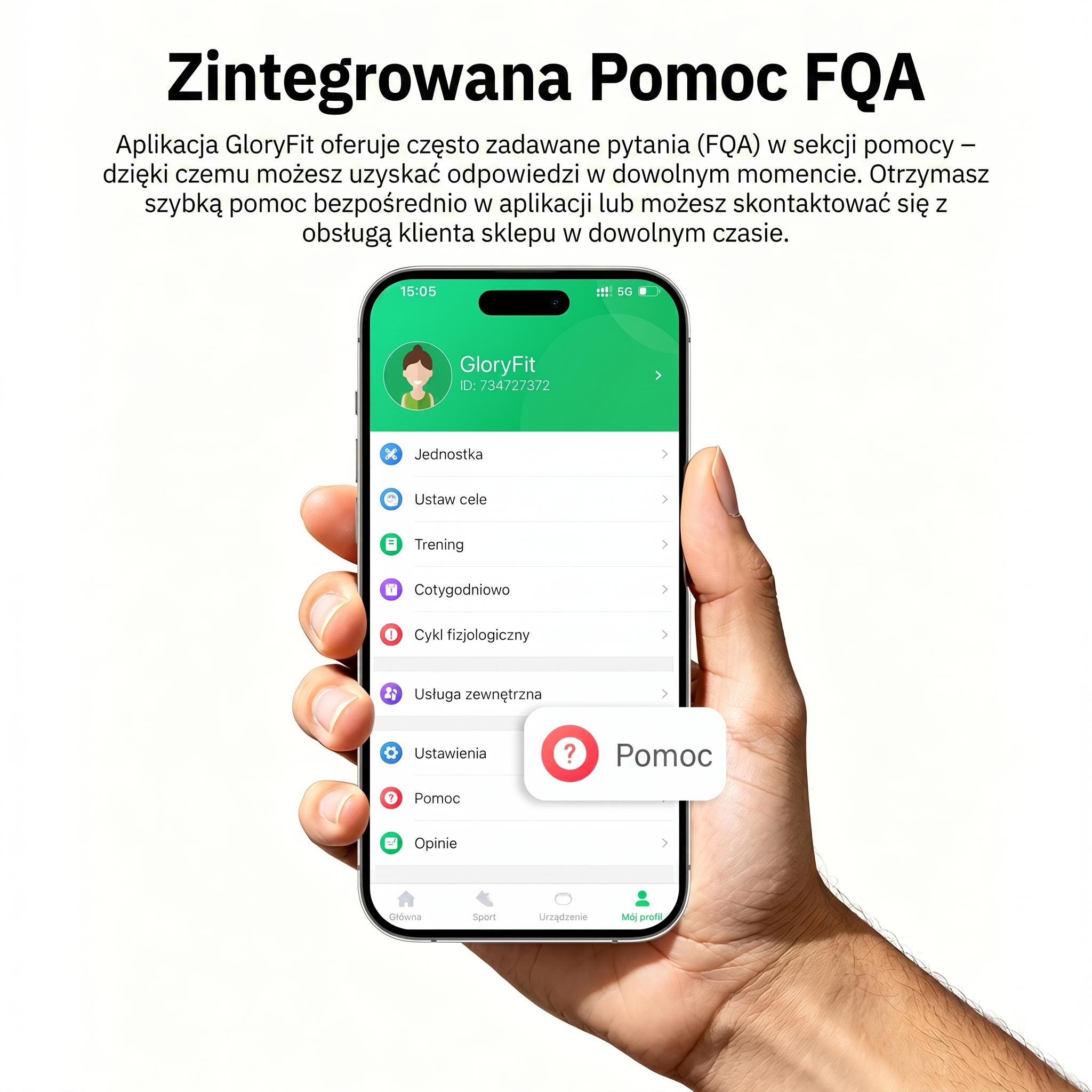 Dłoń trzyma smartfon z aplikacją GloryFit. Aplikacja wyświetla menu pomocy.