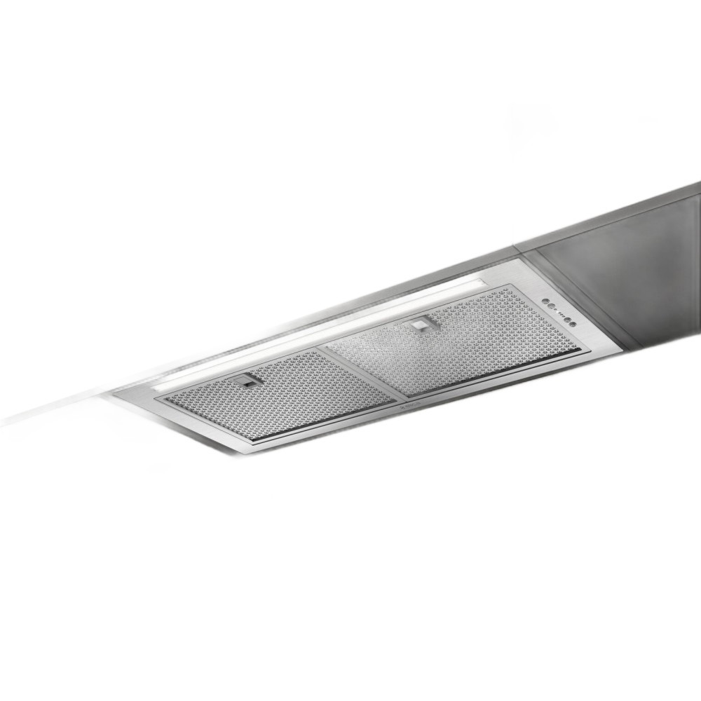 Una cappa moderna in acciaio inox con luci e filtri.