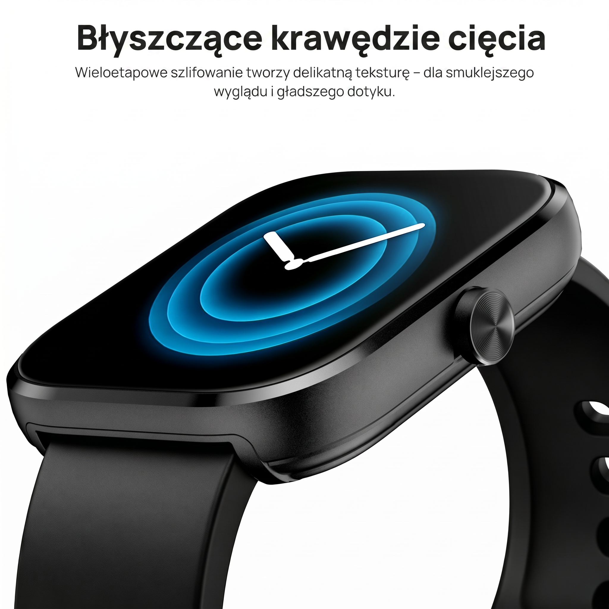 Czarny smartwatch z niebieskimi okręgami i białymi wskazówkami na ekranie.