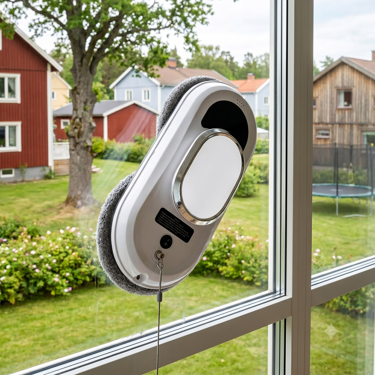 Ein weißer Fensterreinigungsroboter reinigt ein Fenster mit Blick auf ein Haus und einen Garten.