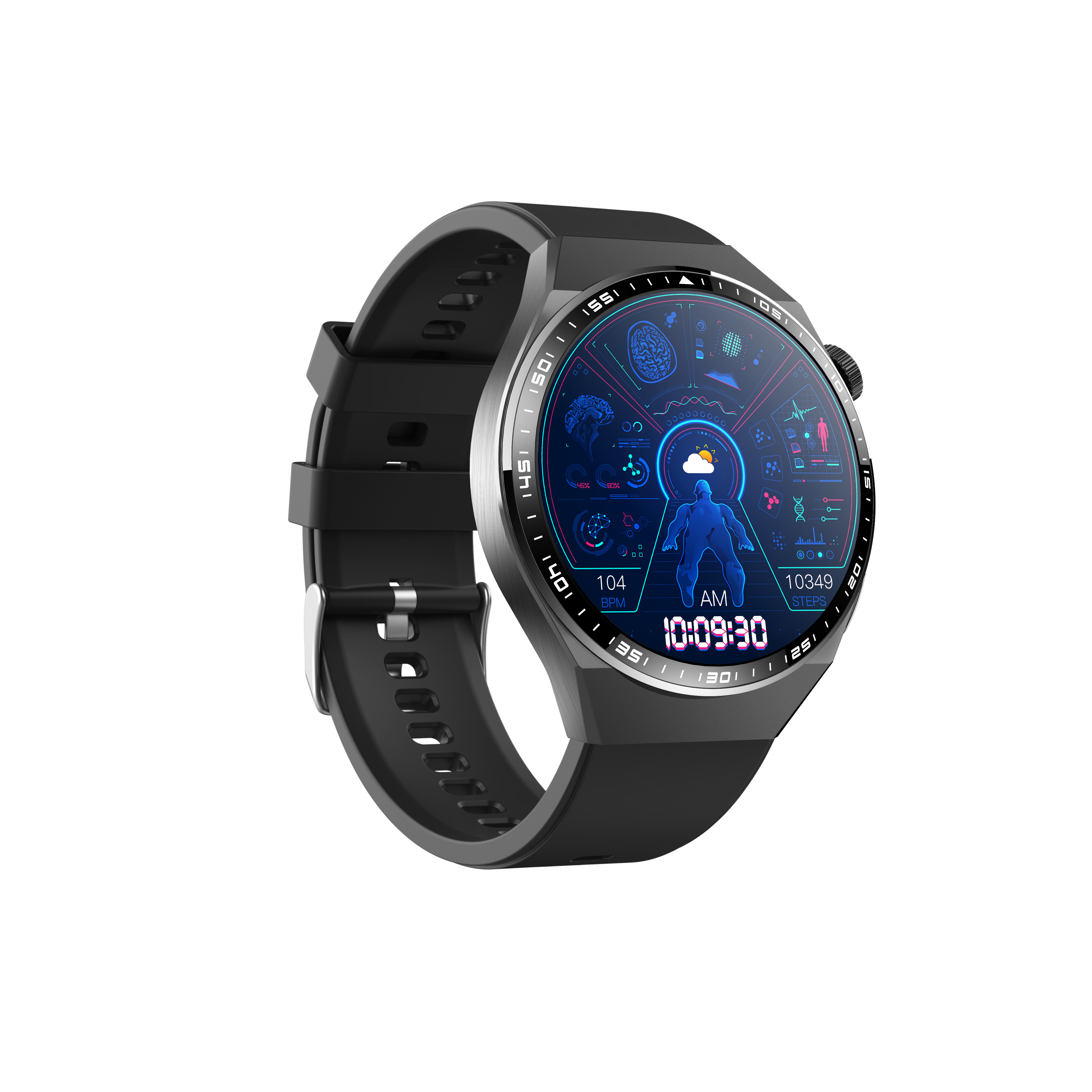 Schwarze Smartwatch mit buntem Display, das Uhrzeit, Schritte und Herzfrequenz anzeigt.
