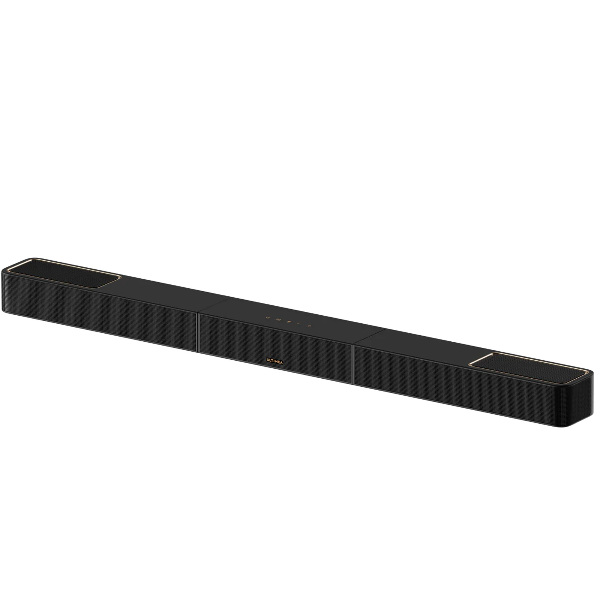 Zwarte soundbar met gouden accenten en luidsprekerroosters.