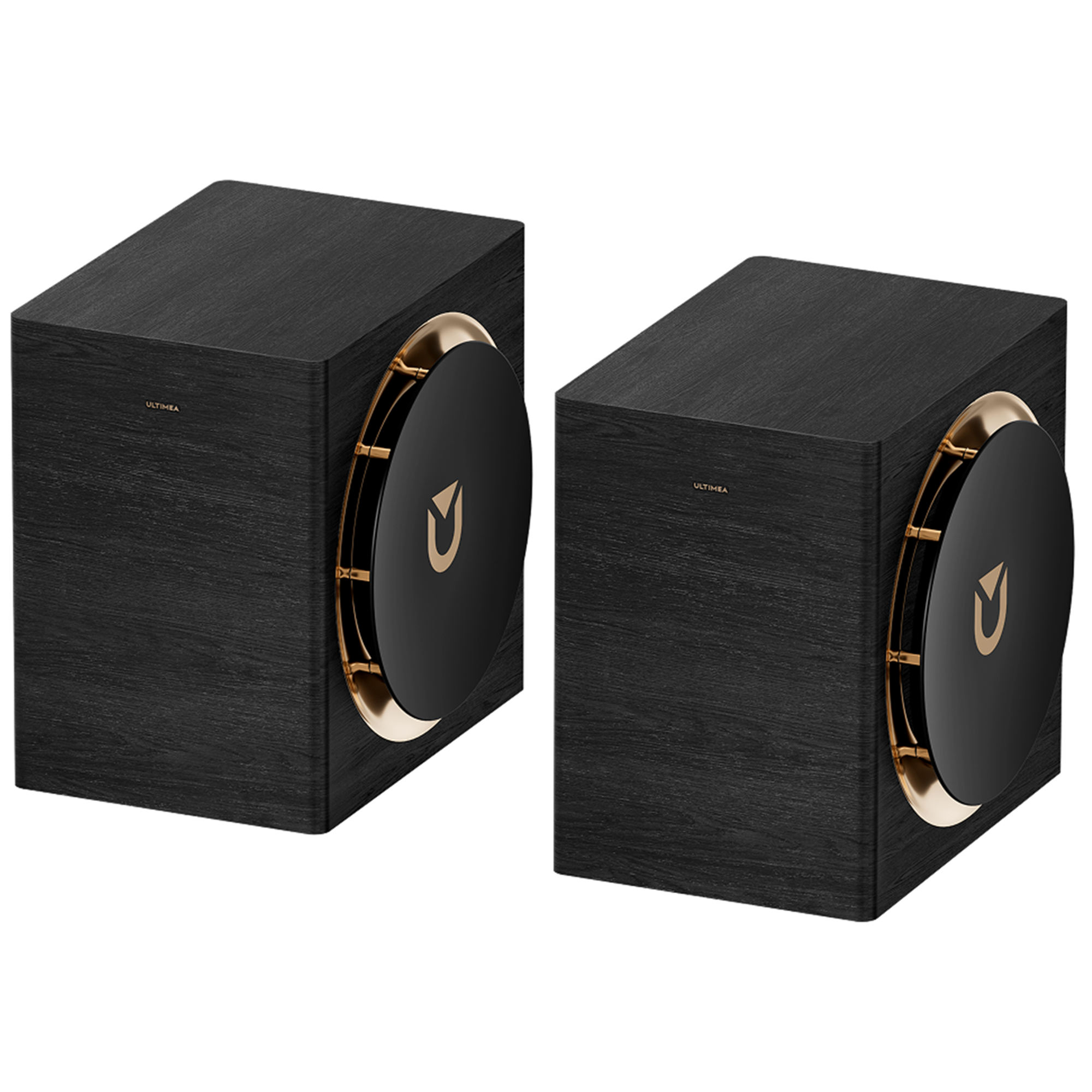 Twee zwarte luidsprekers met gouden accenten en ULTIMEA-logo.