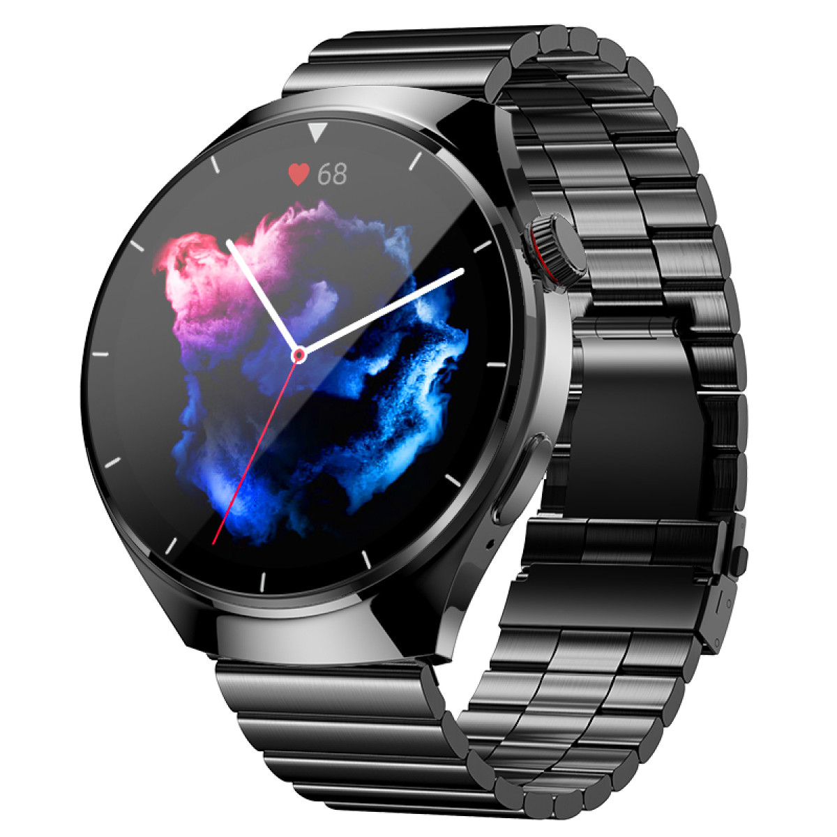 Schwarzes Smartwatch mit Metallarmband und bunter Anzeige. Herzfrequenzanzeige 68.
