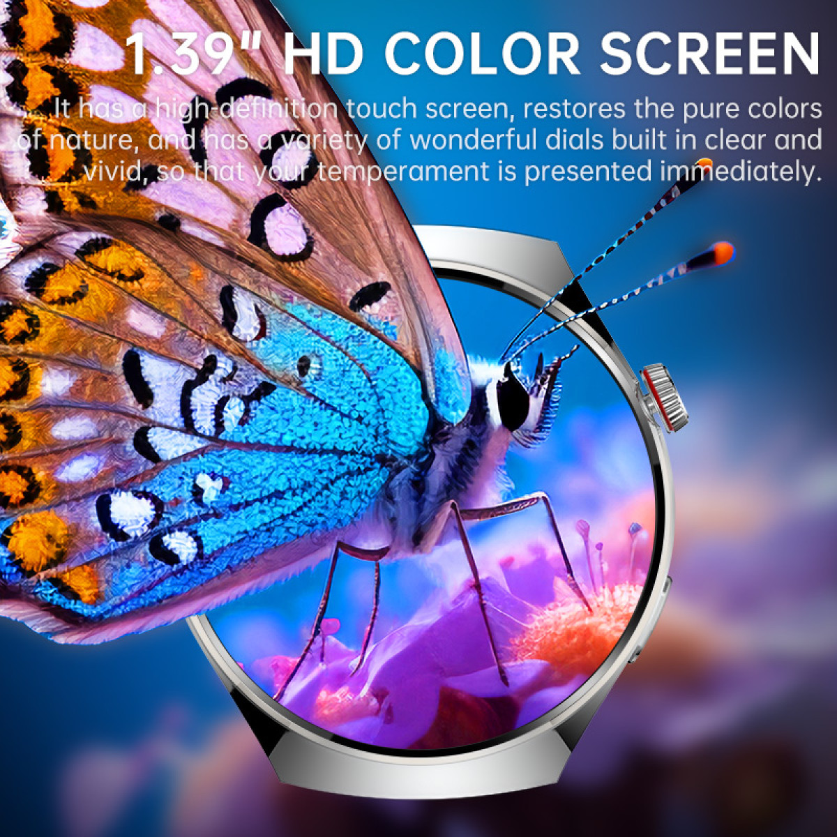 Eine Smartwatch mit HD-Farbbildschirm zeigt einen Schmetterling auf einer Blume.