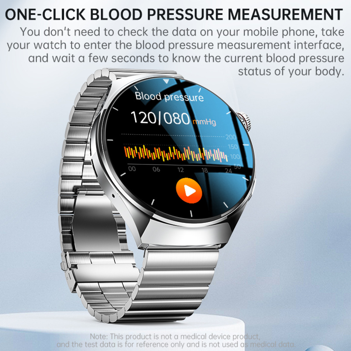 Silberne Smartwatch zeigt Blutdruck 120/080 mmHg mit Grafik an.