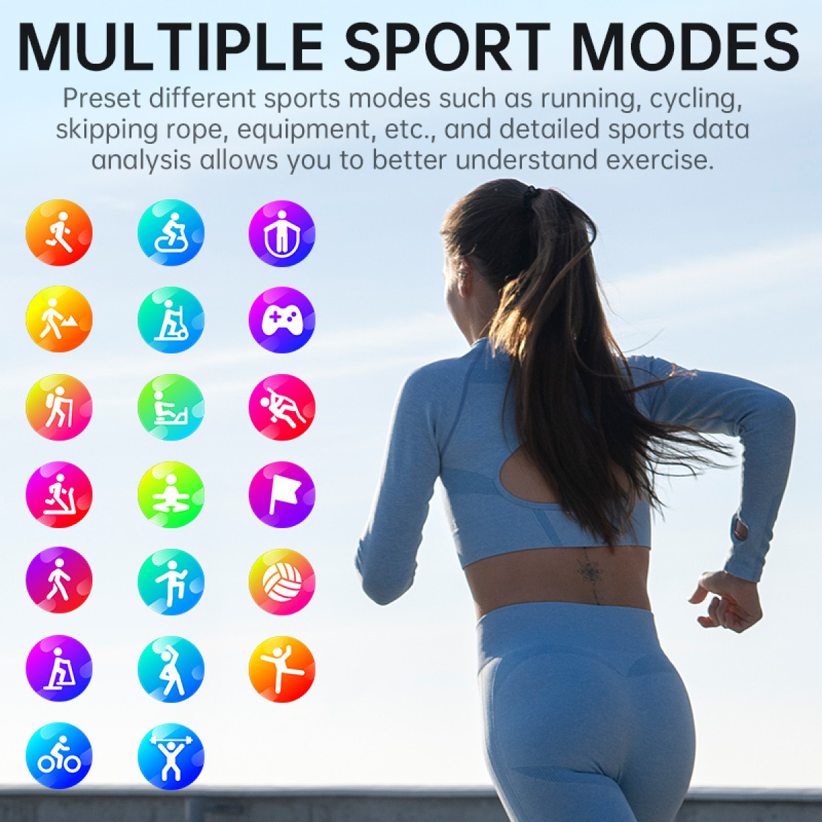 Frau beim Joggen, daneben Icons für Sportmodi: Laufen, Radfahren, Yoga, Fitness.