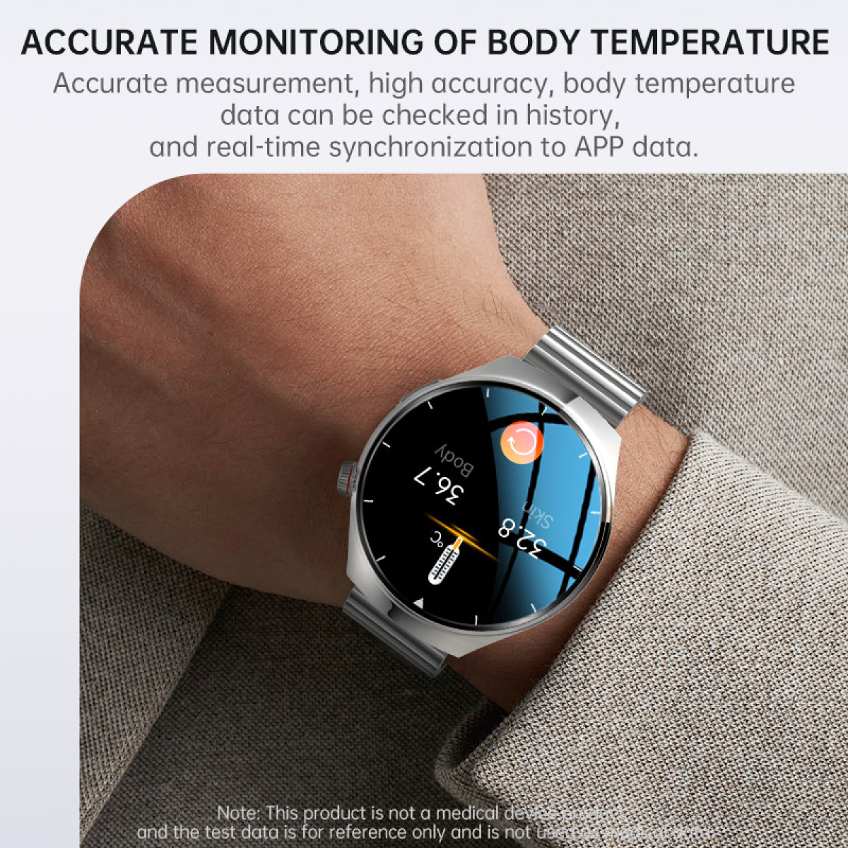 Eine Smartwatch am Handgelenk zeigt Körper- und Hauttemperaturwerte an.