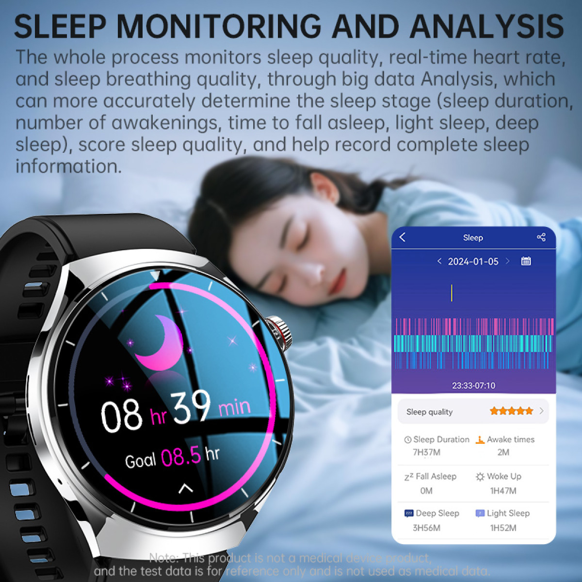 Smartwatch zeigt Schlafdaten an: 8 Std. 39 Min. gesamt, Ziel 8,5 Std. Bildschirm zeigt Schlafphasen u. Qualität.
