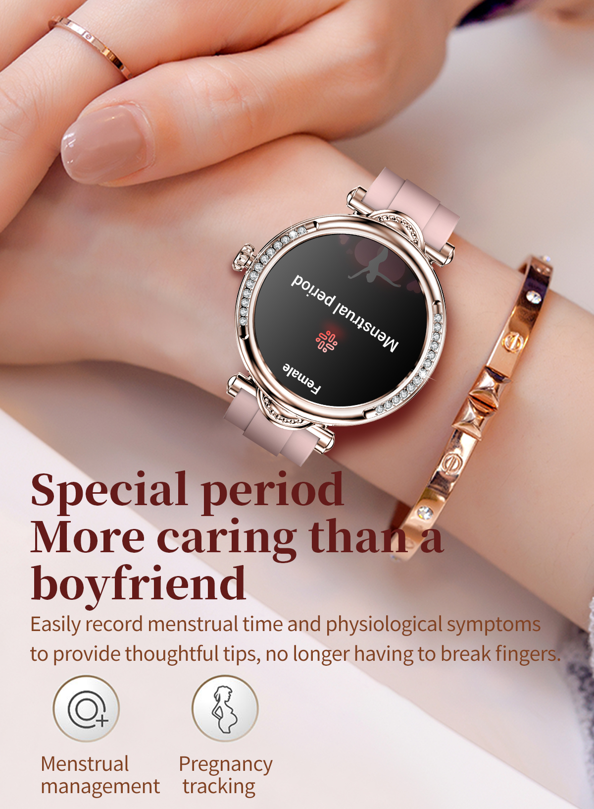 Eine Frau trägt eine rosa Smartwatch, die den Menstruationszyklus verfolgt.