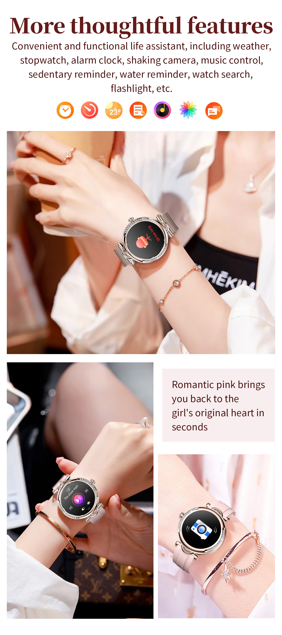 Eine Smartwatch mit Herzfrequenzanzeige und Mediensteuerung.