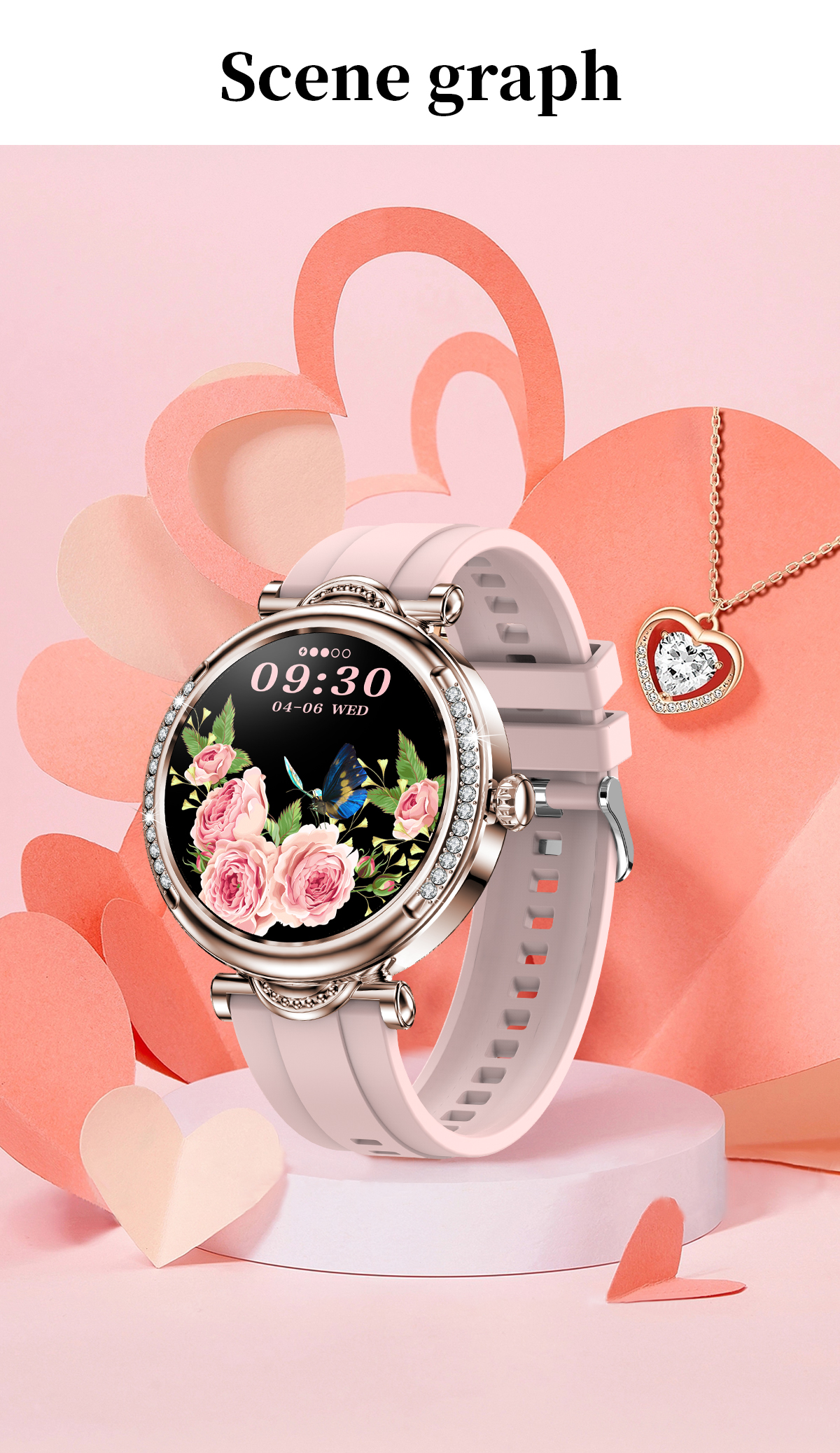 Eine rosafarbene Smartwatch mit Blumen und Schmetterling auf dem Zifferblatt.
