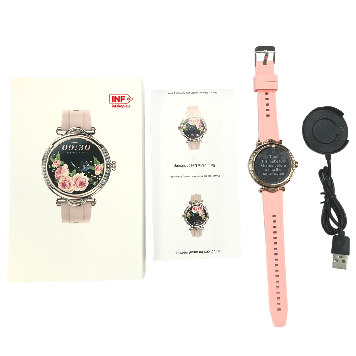 Ein rosafarbene Smartwatch mit Ladekabel und Anleitung.