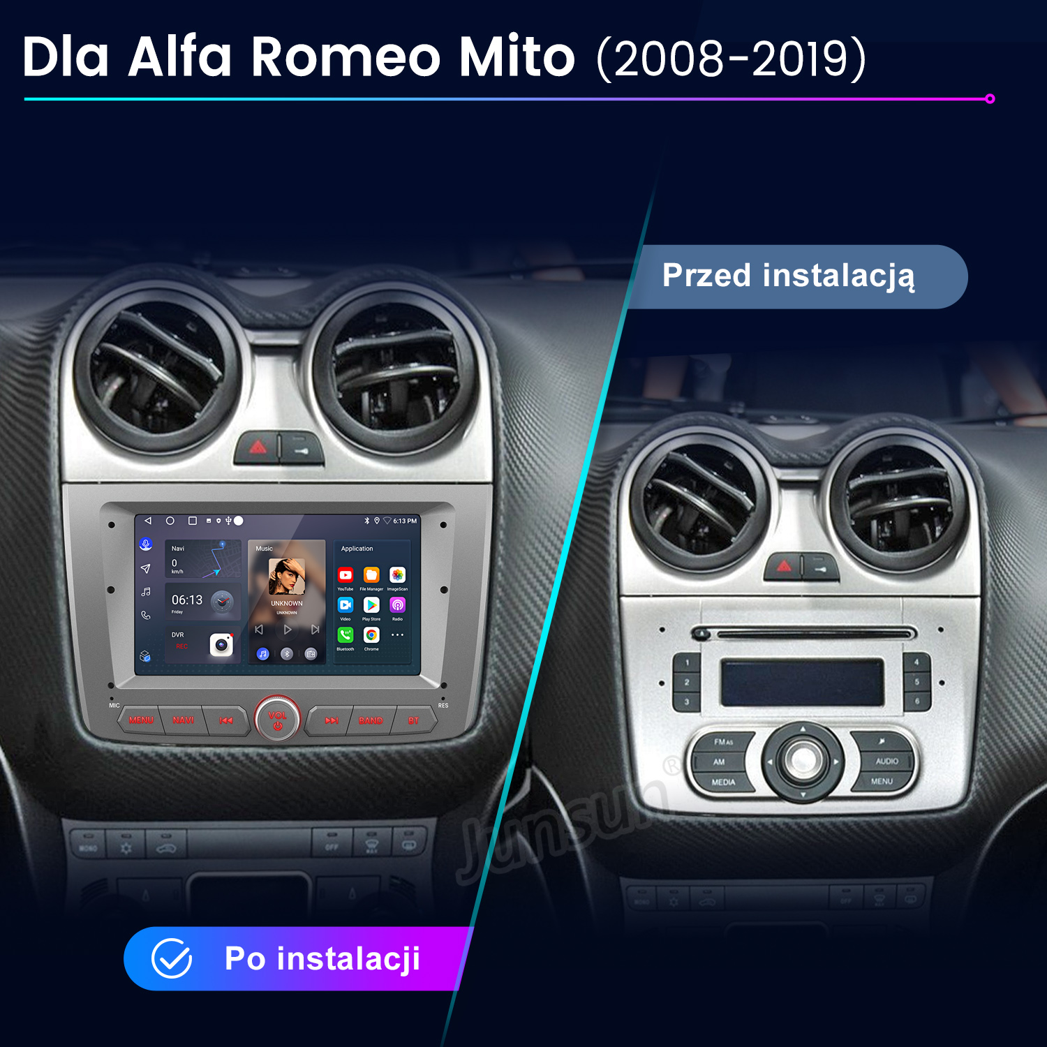 Porównanie systemu infotainment Alfa Romeo Mito przed i po instalacji.