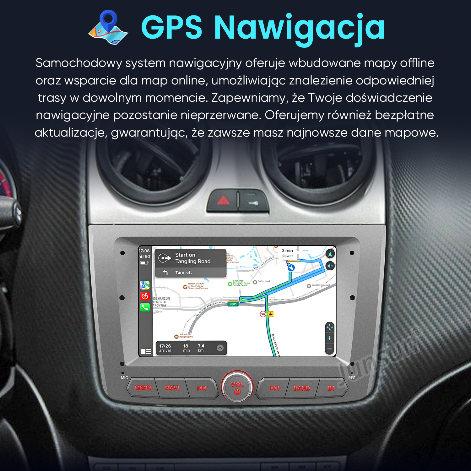 Nawigacja GPS na ekranie radia samochodowego z mapą i wskazówkami trasy.