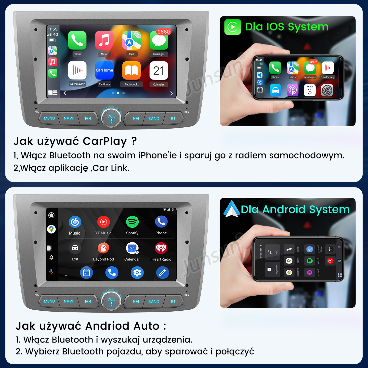 Interfejs CarPlay na ekranie samochodu i iPhone. Interfejs Android Auto na telefonie i ekranie samochodu.