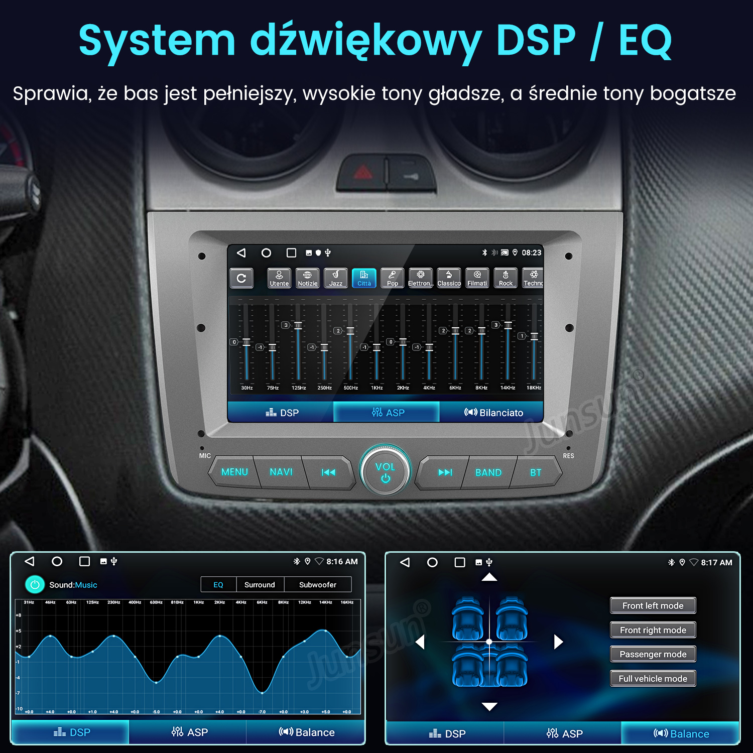 Wnętrze samochodu z systemem DSP/EQ. Pokazuje ustawienia korektora i tryby głośników.