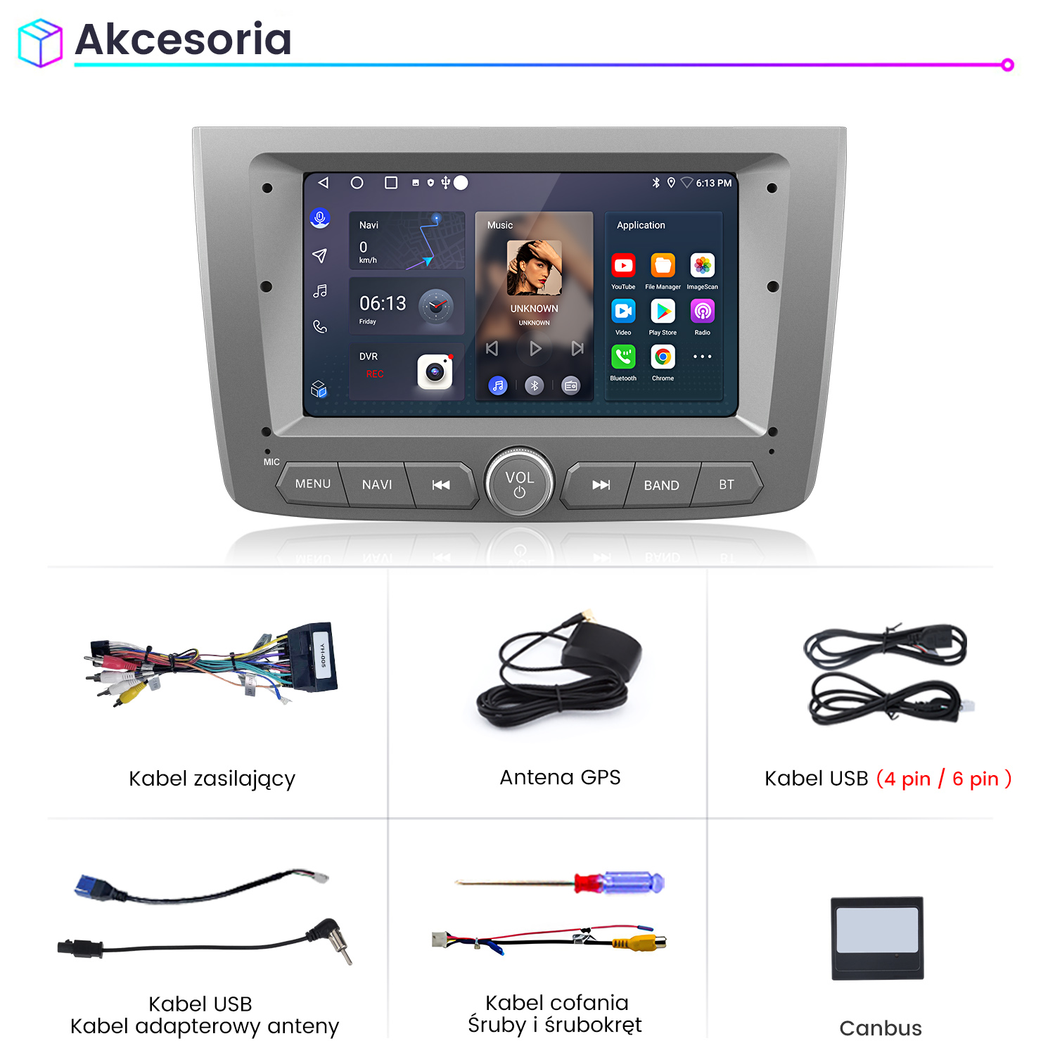 System infotainment samochodu z aplikacjami, nawigacją i muzyką. Pokazane akcesoria.