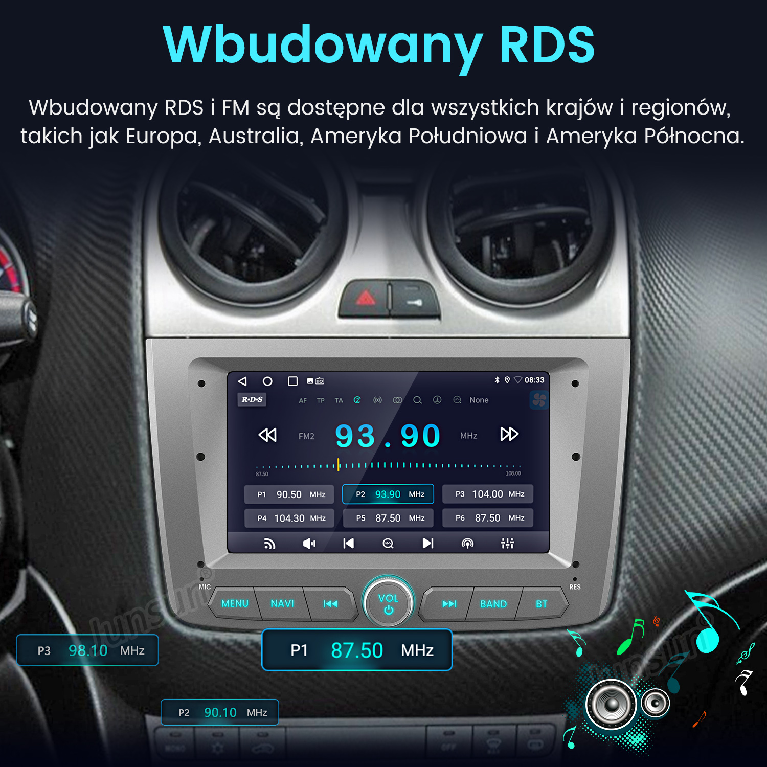 Ekran radia samochodowego pokazujący FM2 na 93,90 MHz z zaprogramowanymi stacjami.