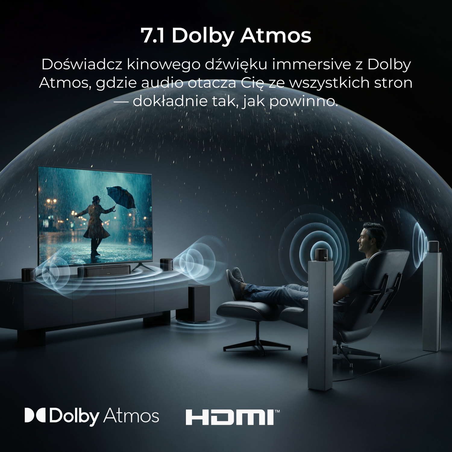 Mężczyzna siedzi w fotelu, otoczony głośnikami Dolby Atmos i telewizorem.