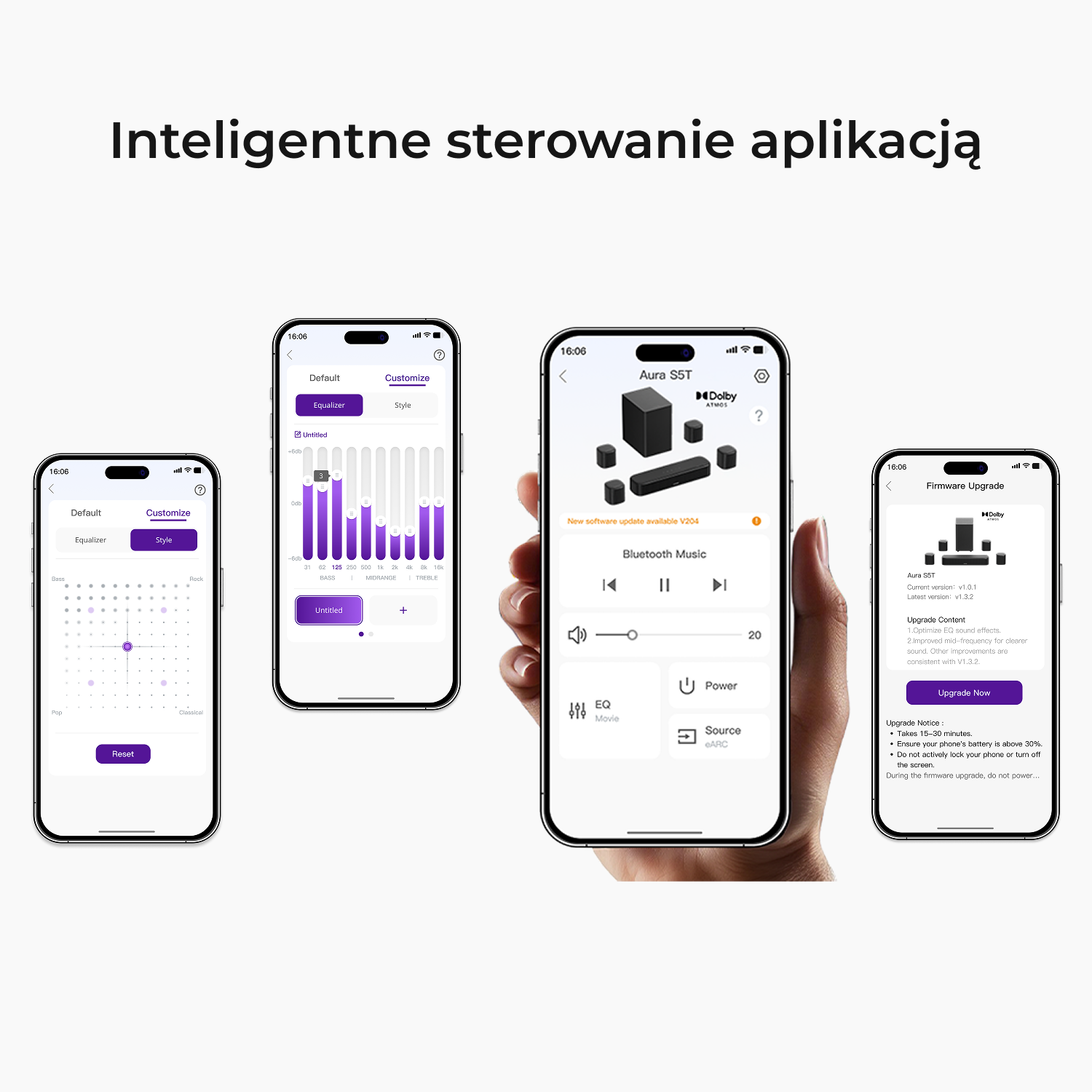Cztery ekrany smartfonów pokazują aplikację do sterowania urządzeniami audio z opcjami korektora i oprogramowania.