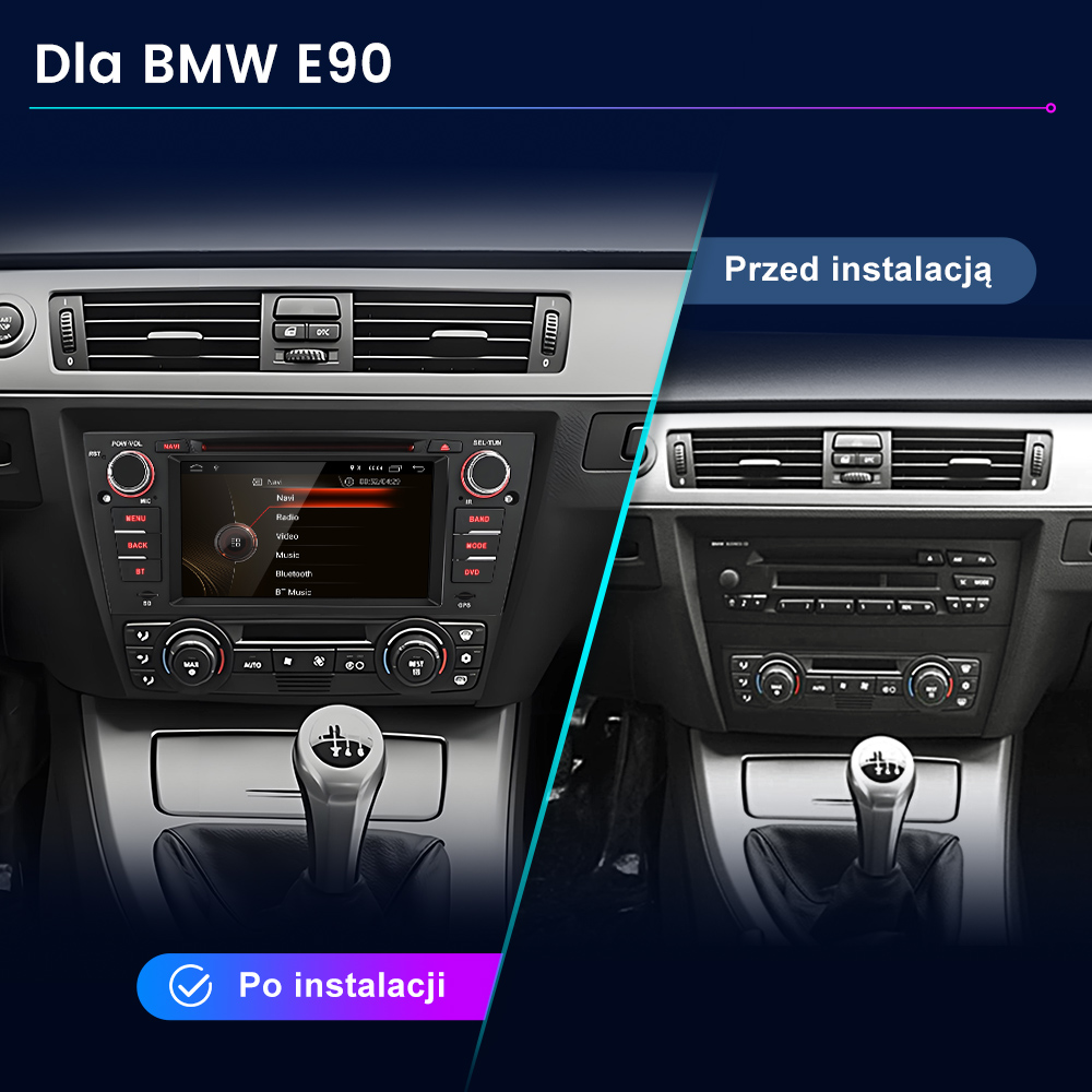 Porównanie dwóch radioodtwarzaczy samochodowych BMW E90: przed i po instalacji.