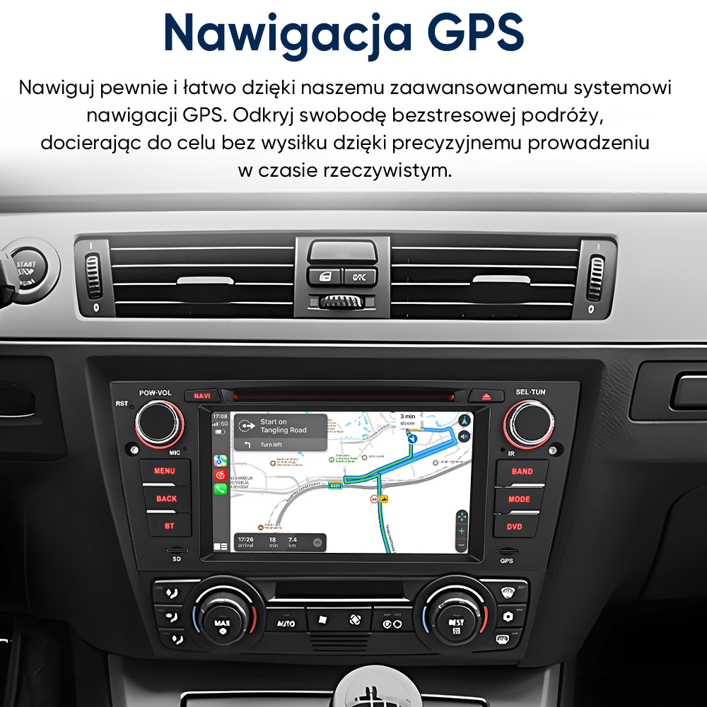 Samochodowy system nawigacji GPS z mapą i przyciskami.