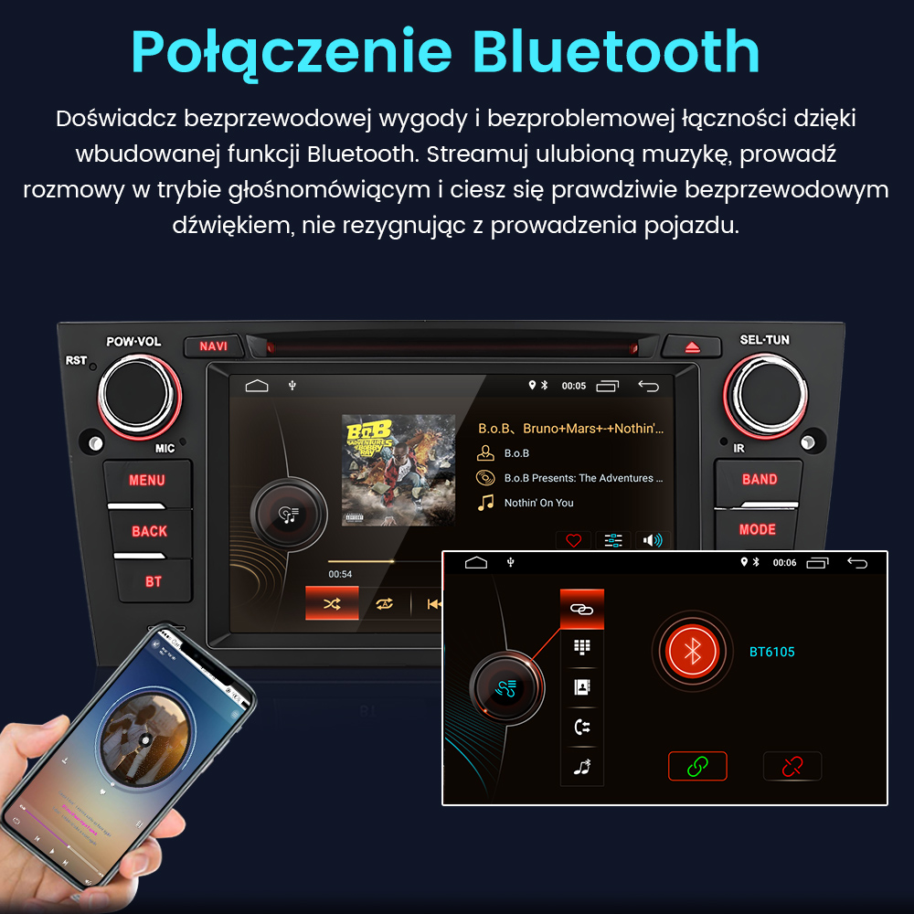 System infotainment samochodu pokazujący połączenie Bluetooth i odtwarzanie muzyki.