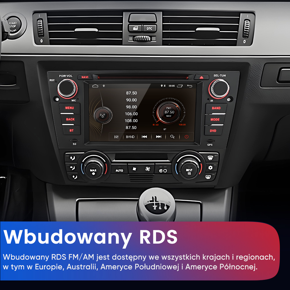Deska rozdzielcza samochodu z radiem i dźwignią zmiany biegów. Promowana funkcja RDS FM/AM.
