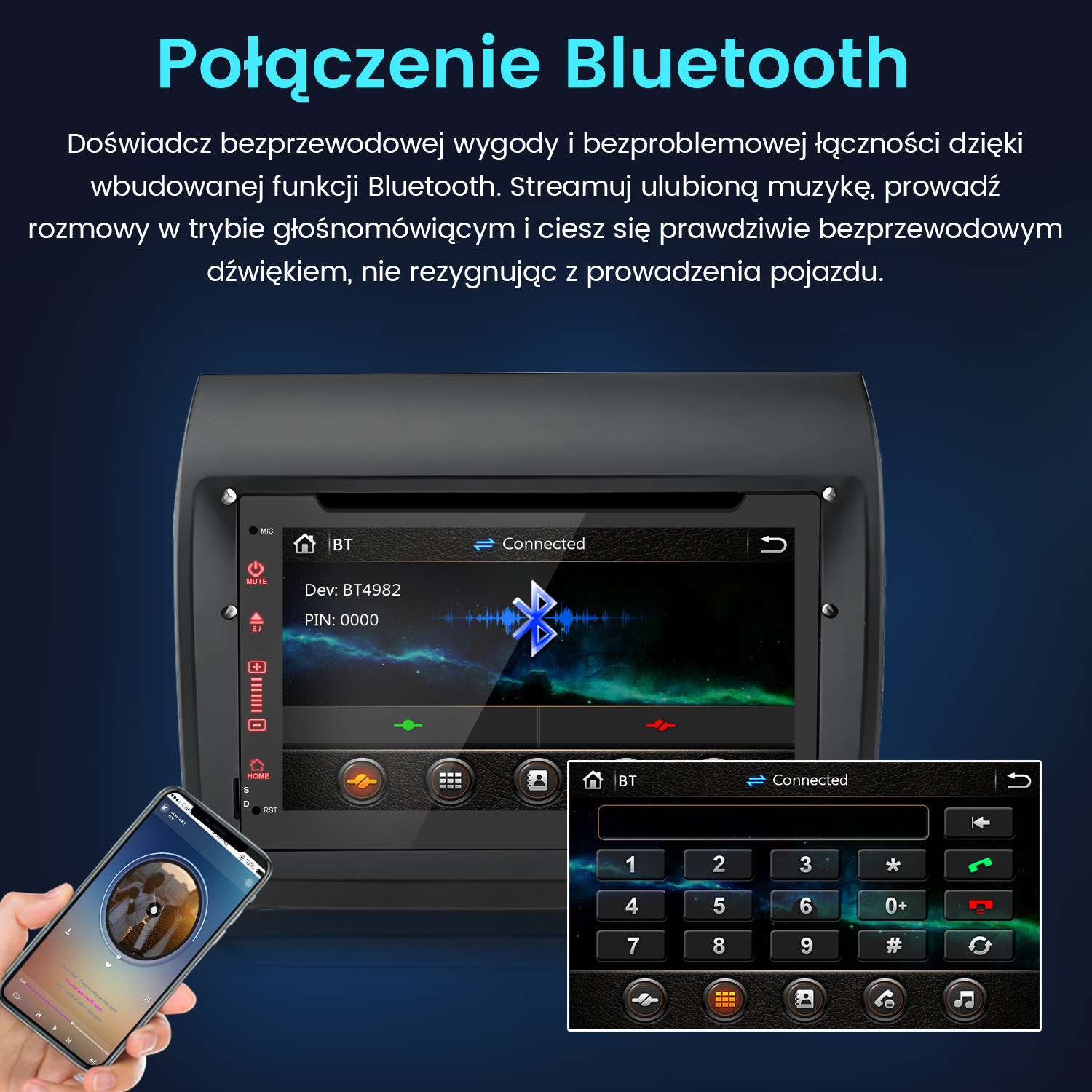Smartfon łączy się przez Bluetooth z ekranem radia samochodowego. Klawiatura numeryczna.