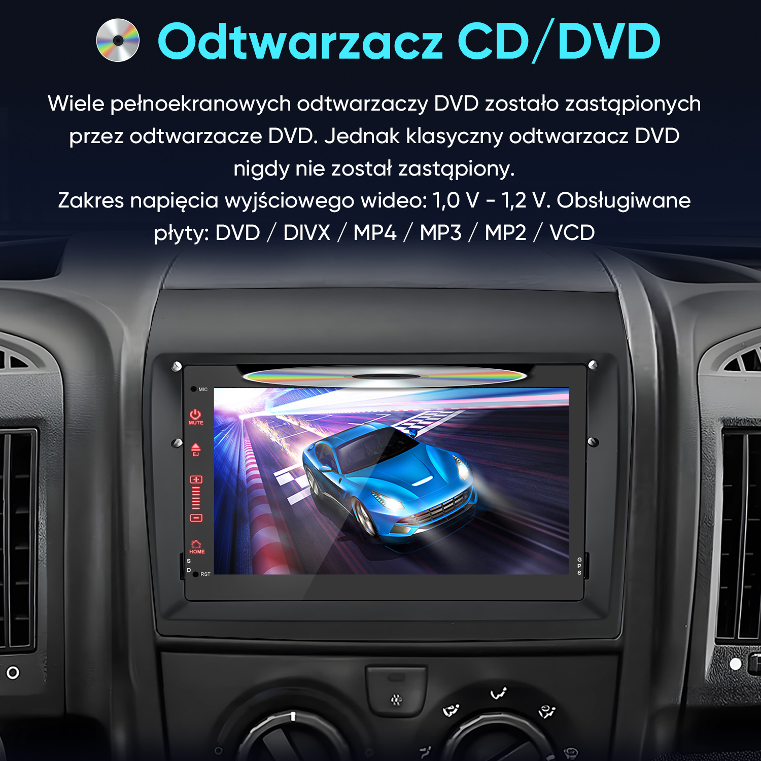 Radio samochodowe z odtwarzaczem CD/DVD pokazuje niebieski samochód sportowy na torze.