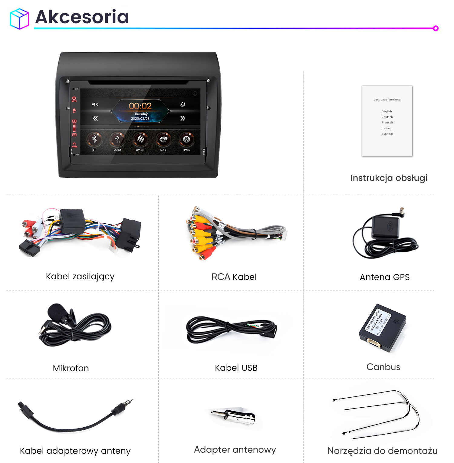 Akcesoria: Radio samochodowe, kable, mikrofon, antena, narzędzia i instrukcja.