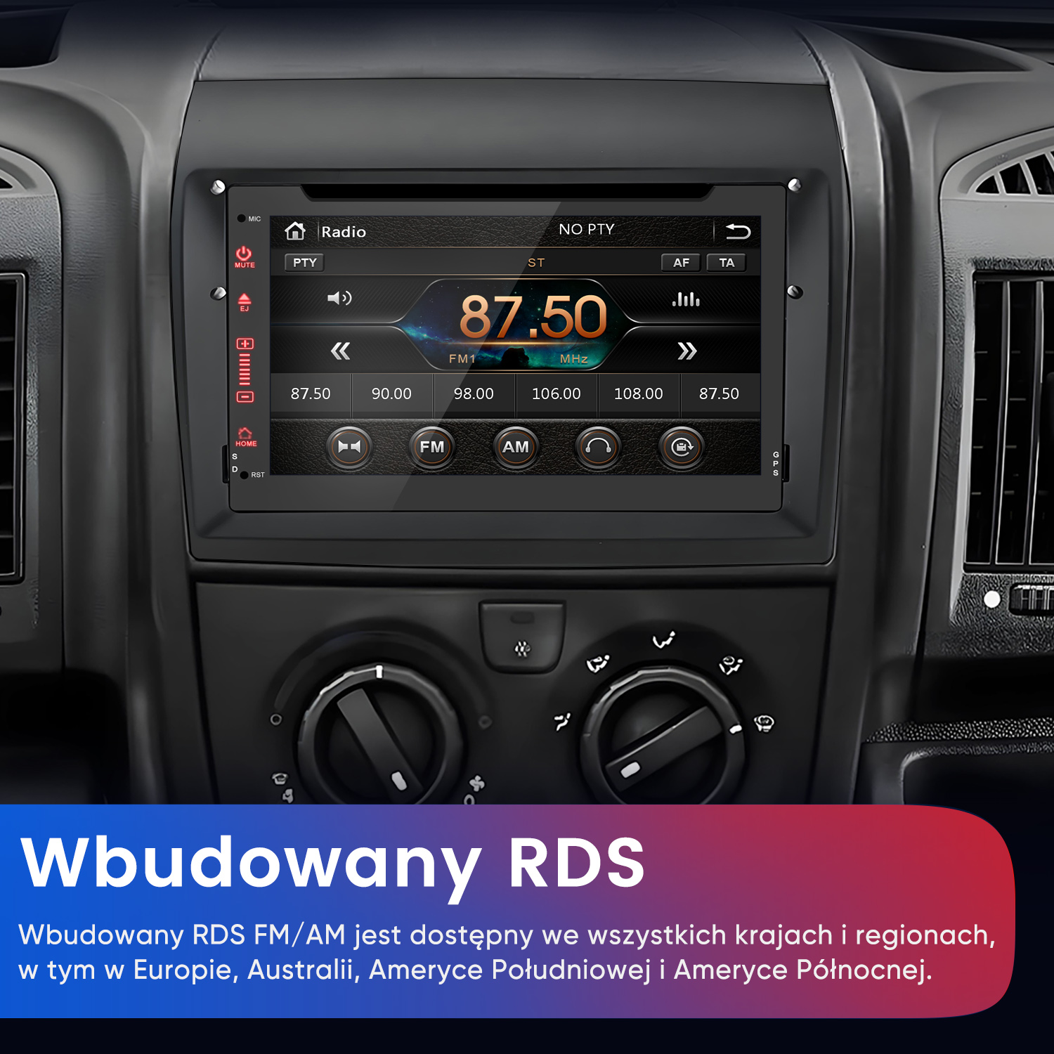 Wyświetlacz radia samochodowego z RDS pokazujący 87,50 MHz i przyciski.