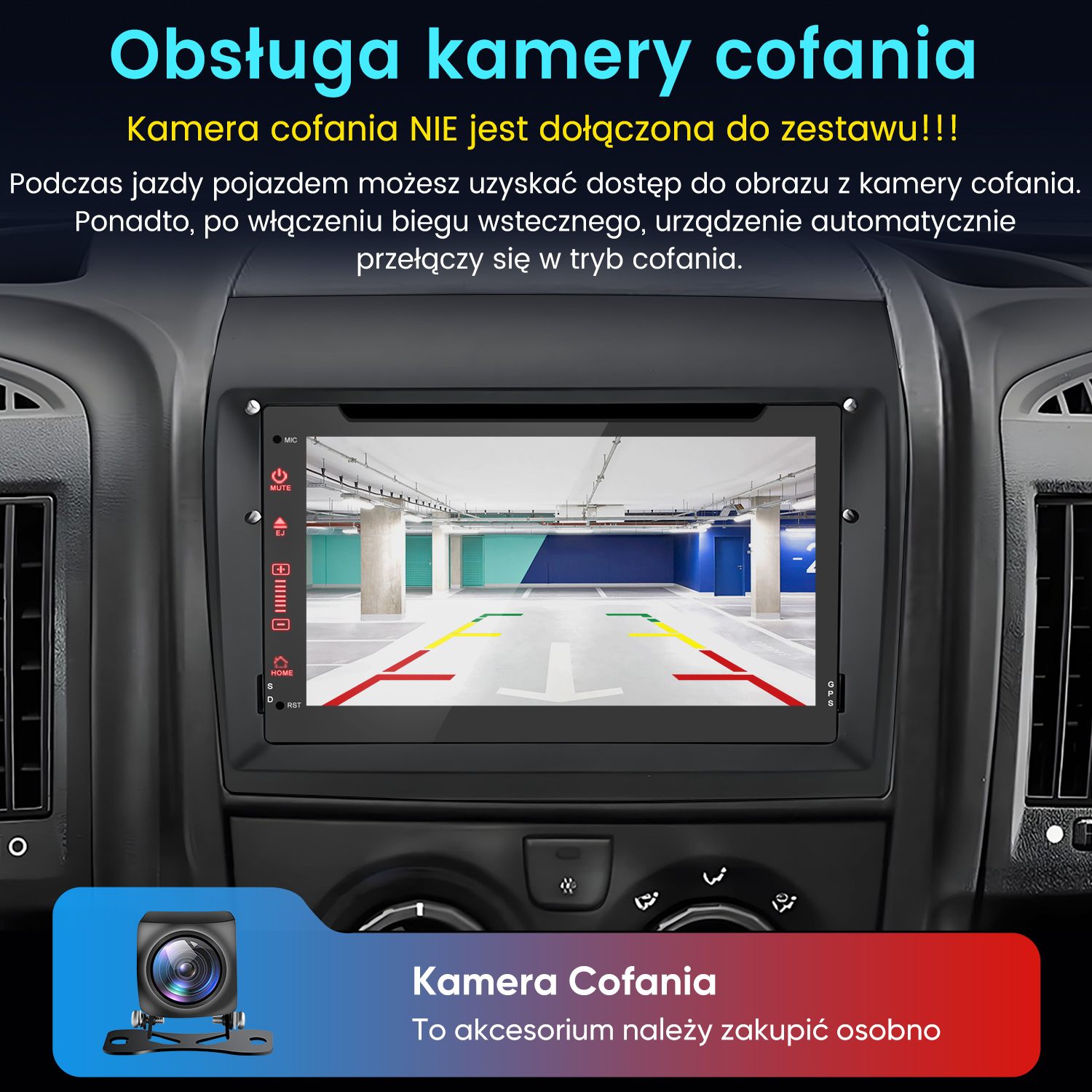Radio samochodowe wyświetla obraz z kamery cofania z liniami parkowania w garażu podziemnym.
